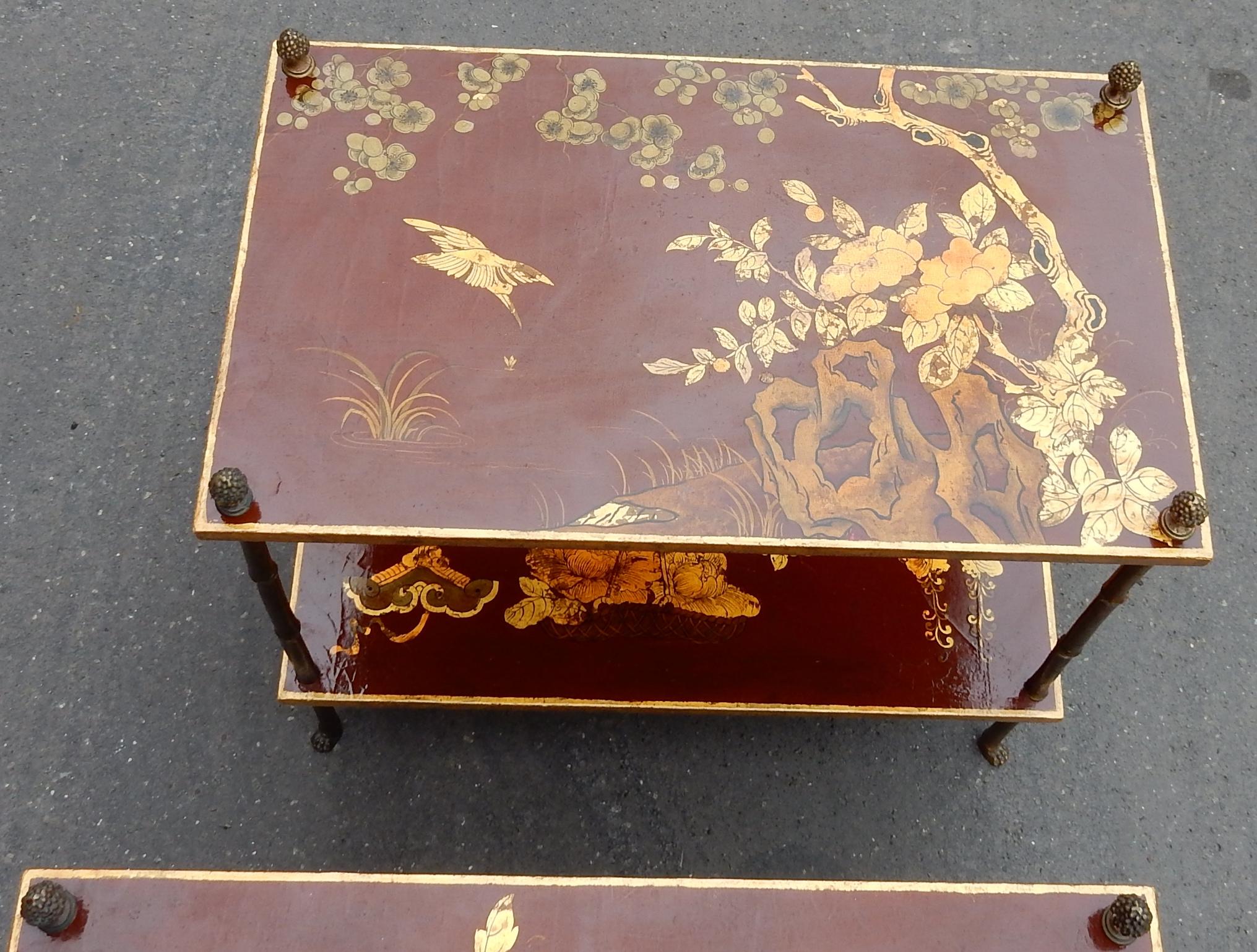 French 1950 Pair of Tables Bamboo Decor in Gilt Bronze and Chinese lacquer