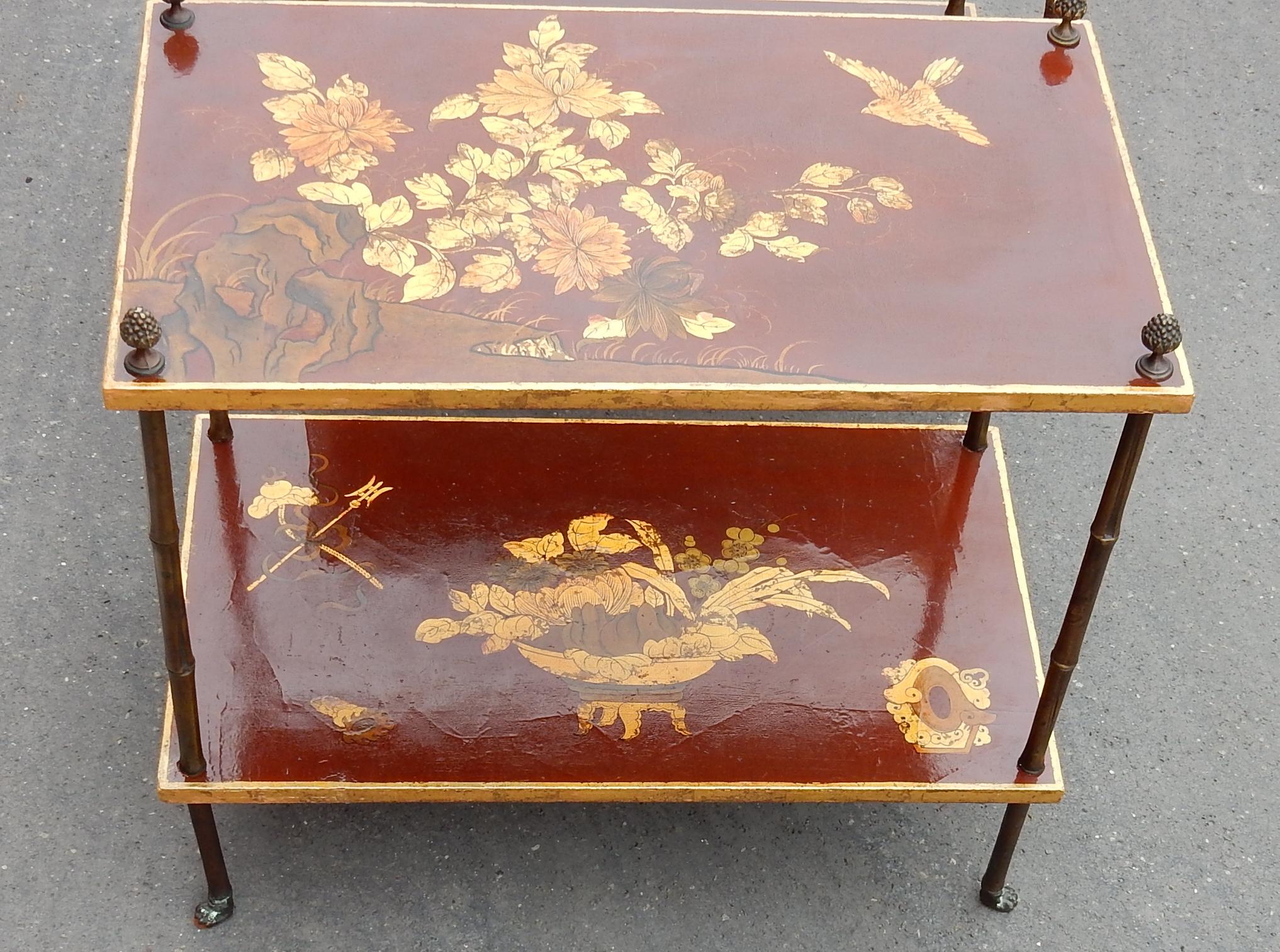 1950 Pair of Tables Bamboo Decor in Gilt Bronze and Chinese lacquer In Good Condition In Paris, FR