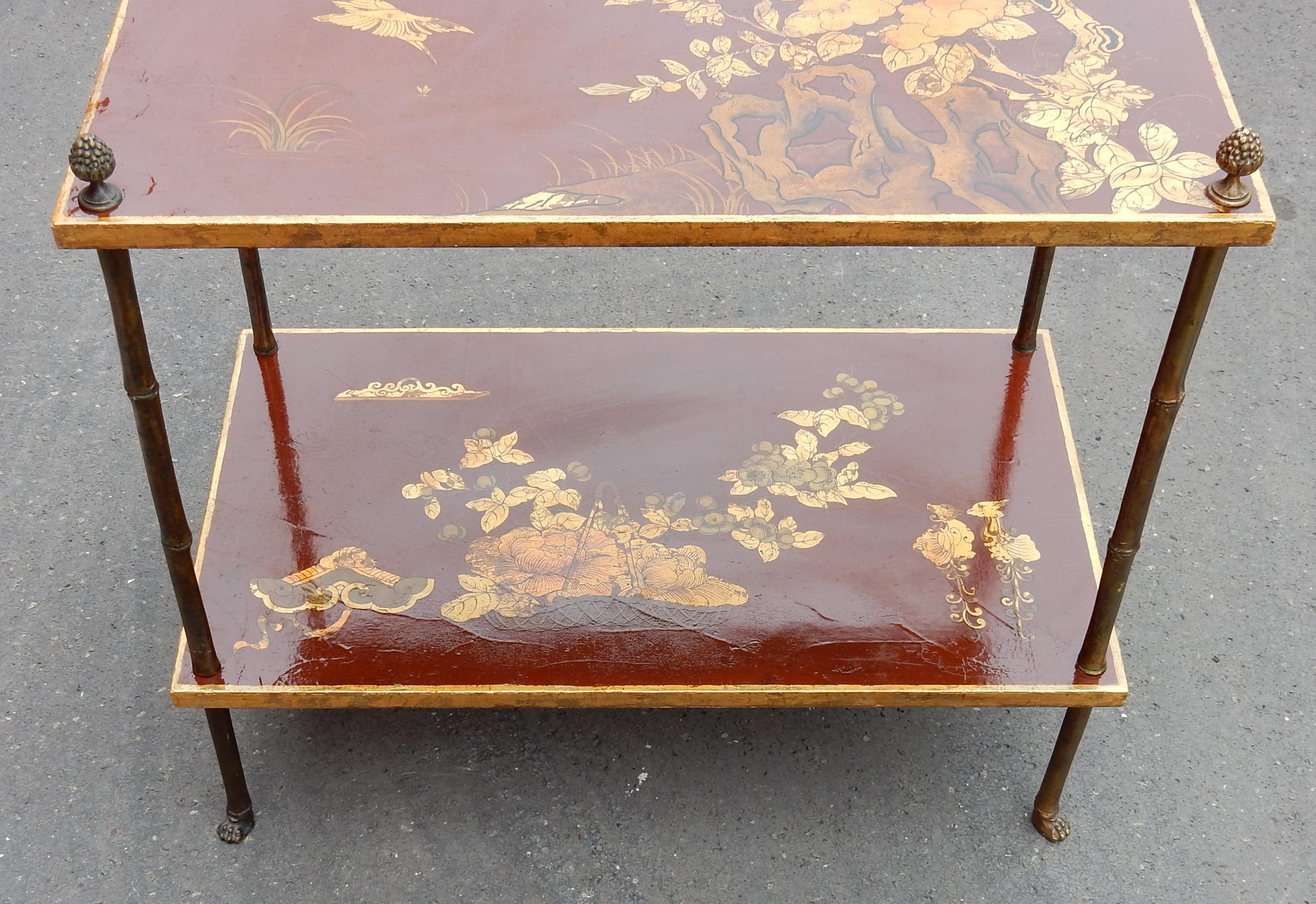Mid-20th Century 1950 Pair of Tables Bamboo Decor in Gilt Bronze and Chinese lacquer