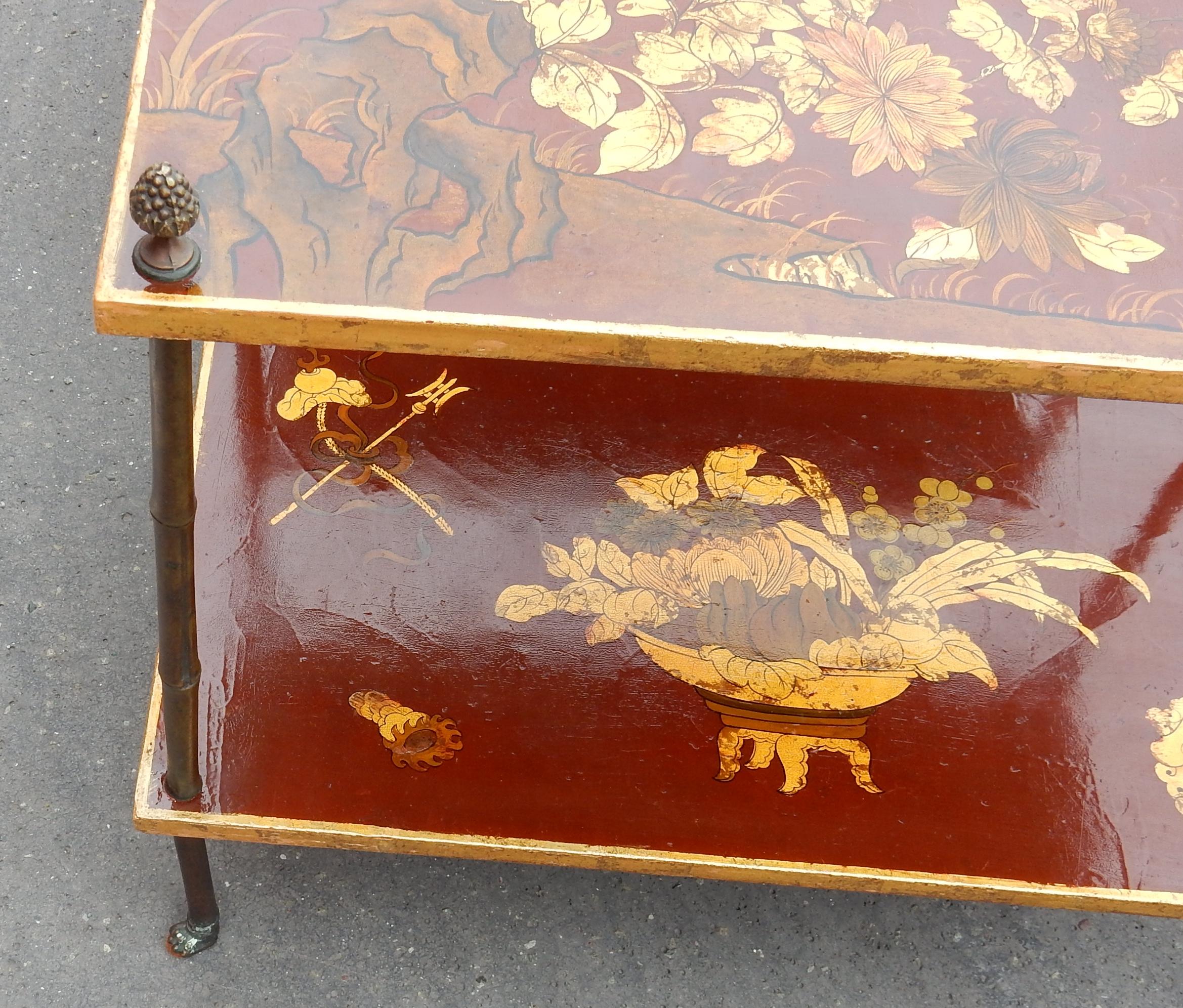 1950 Pair of Tables Bamboo Decor in Gilt Bronze and Chinese lacquer 1