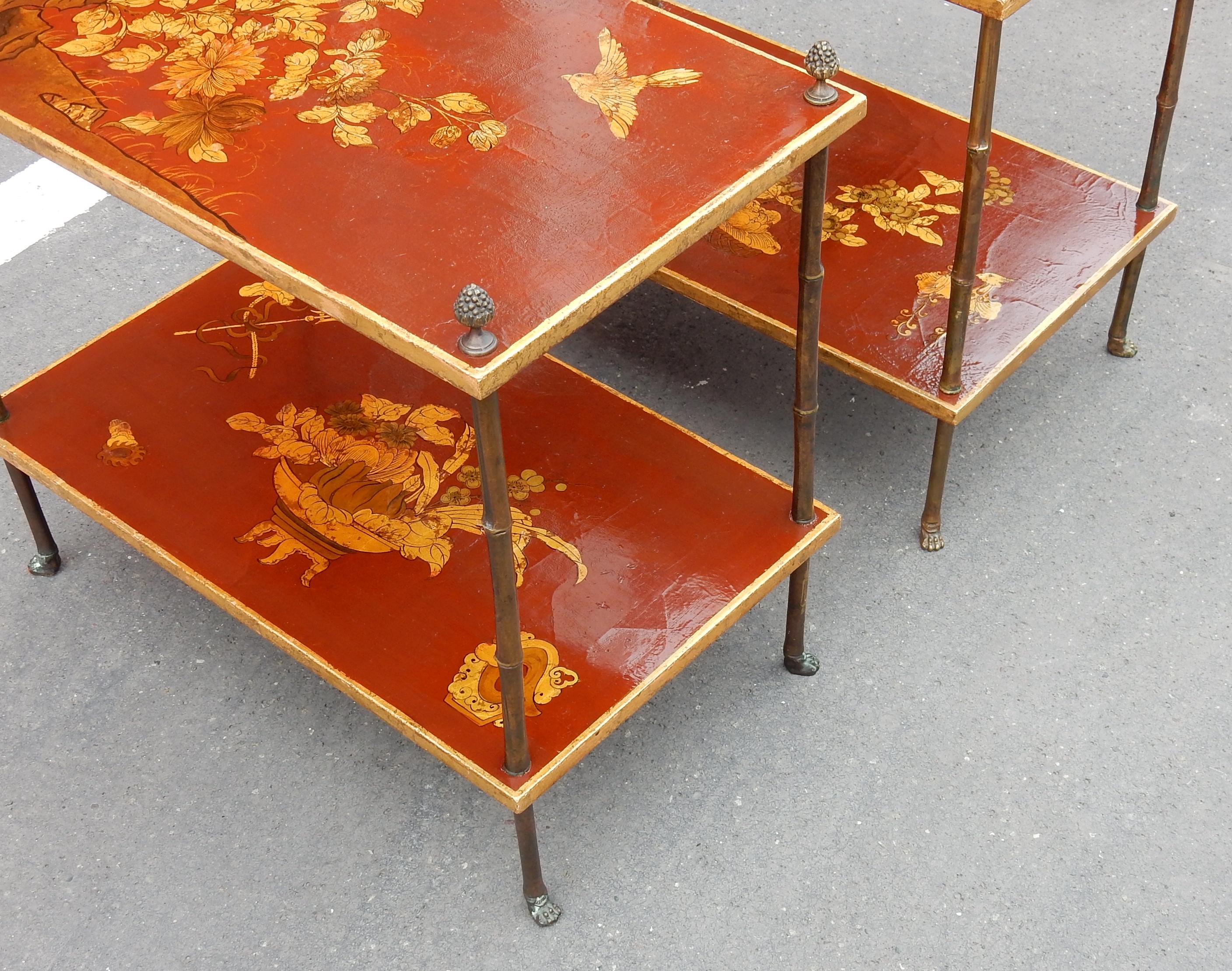1950 Pair of Tables Bamboo Decor in Gilt Bronze and Chinese lacquer 2