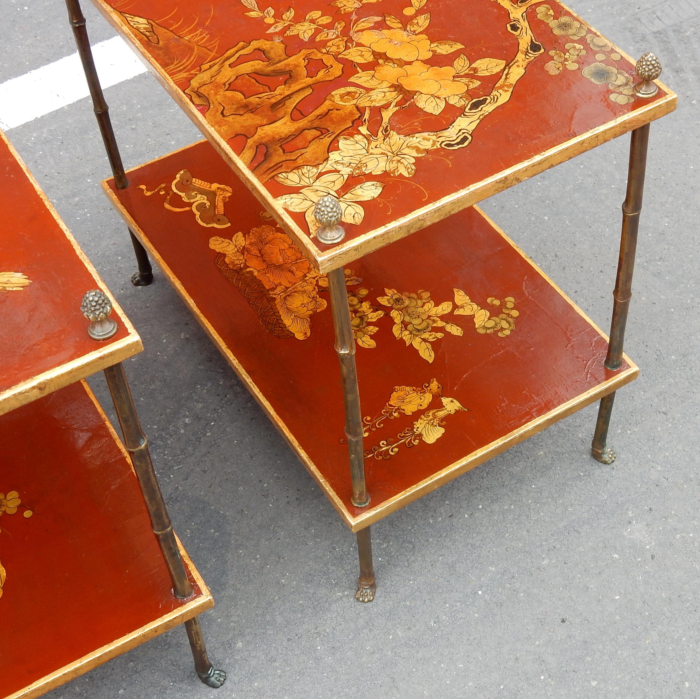 1950 Pair of Tables Bamboo Decor in Gilt Bronze and Chinese lacquer 3