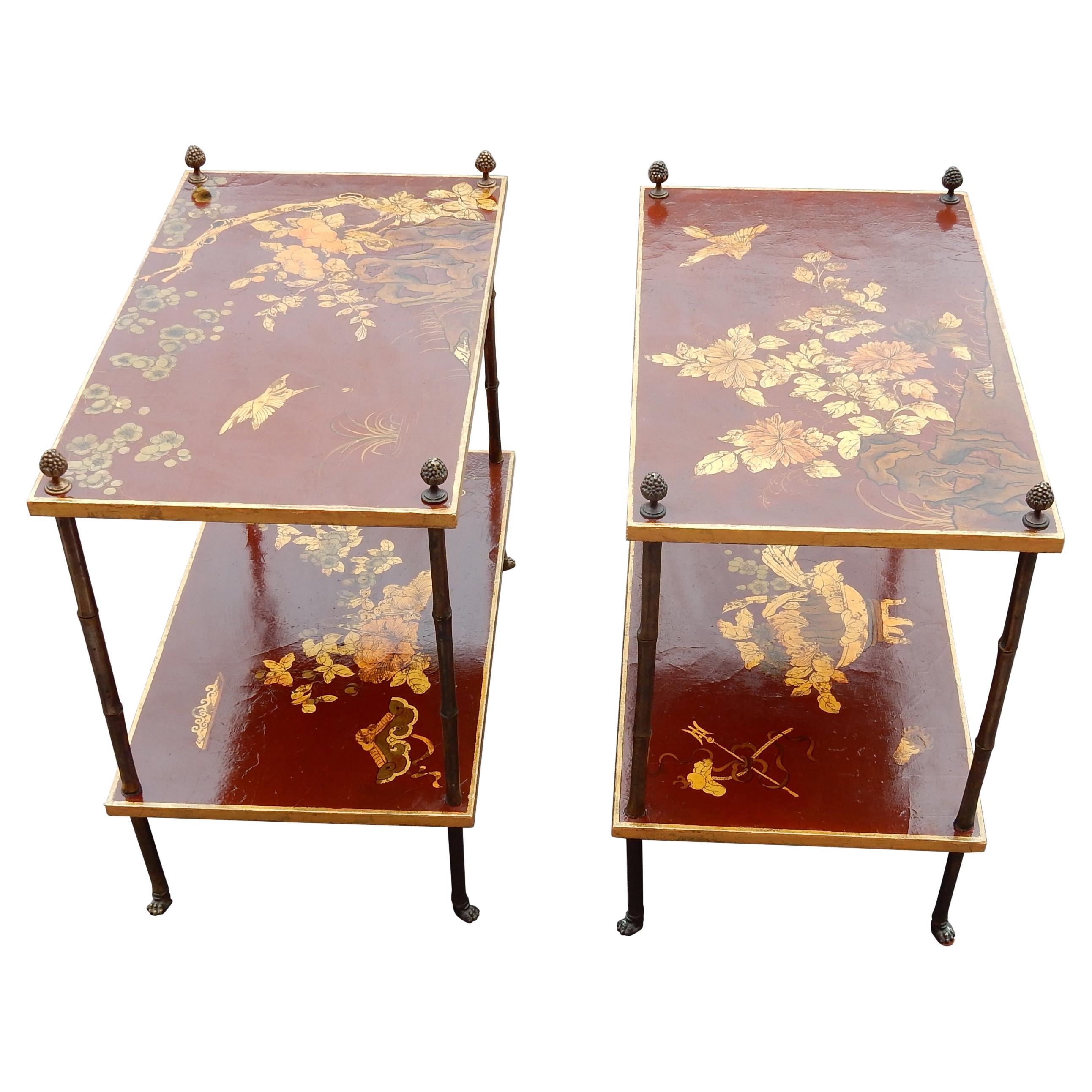 1950 Pair of Tables Bamboo Decor in Gilt Bronze and Chinese lacquer
