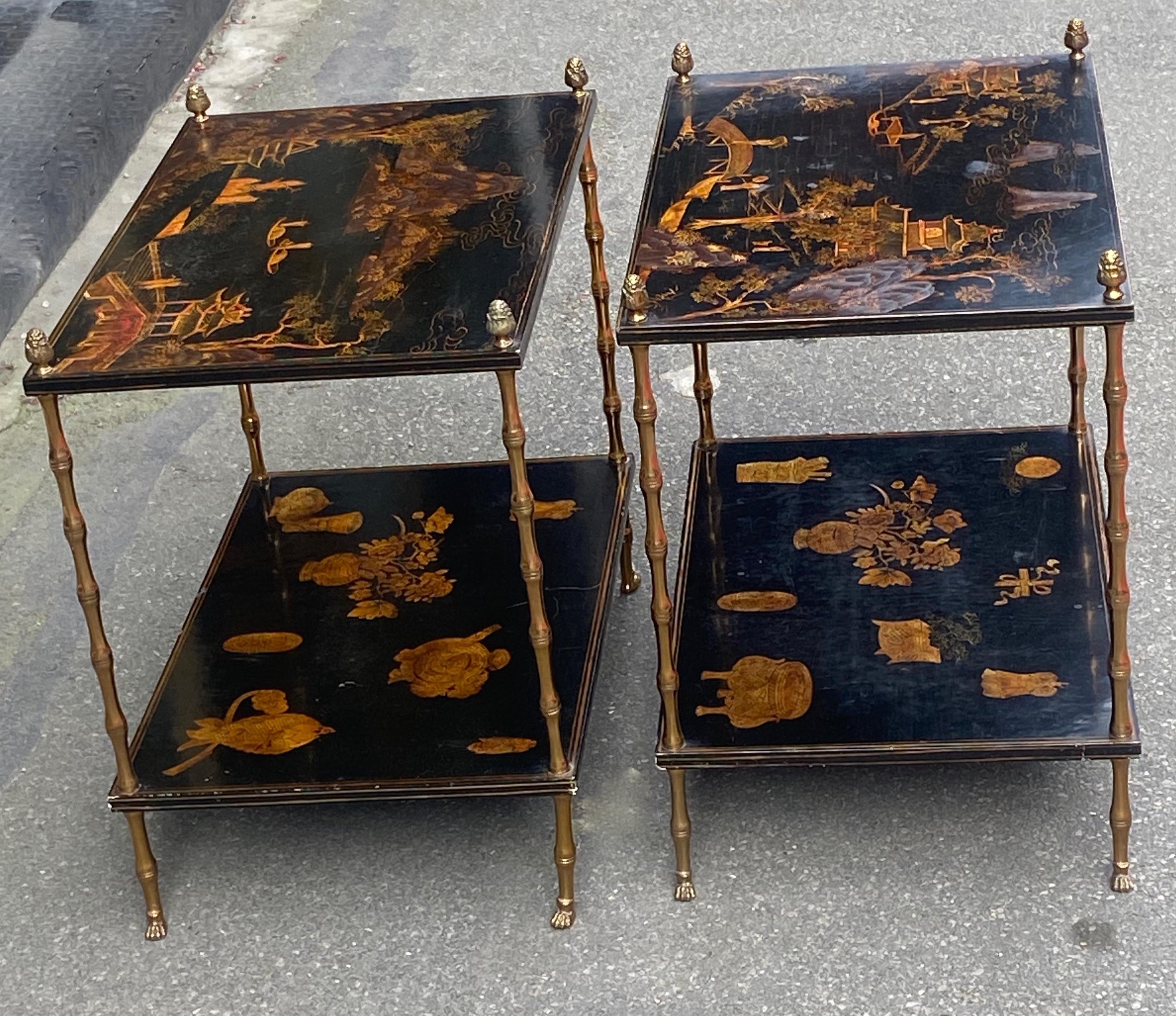 1950 Pair of Maison Baguès Tables Bamboo Decor in Gilt Bronze with Chinese Lacq 4
