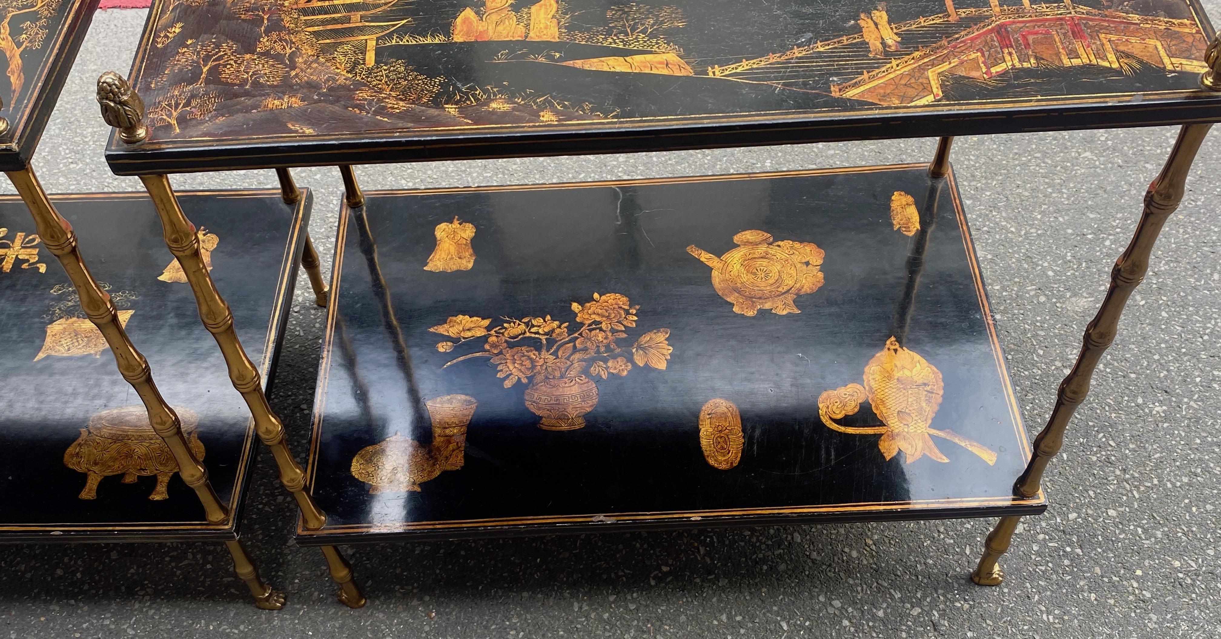 Mid-20th Century 1950 Pair of Maison Baguès Tables Bamboo Decor in Gilt Bronze with Chinese Lacq