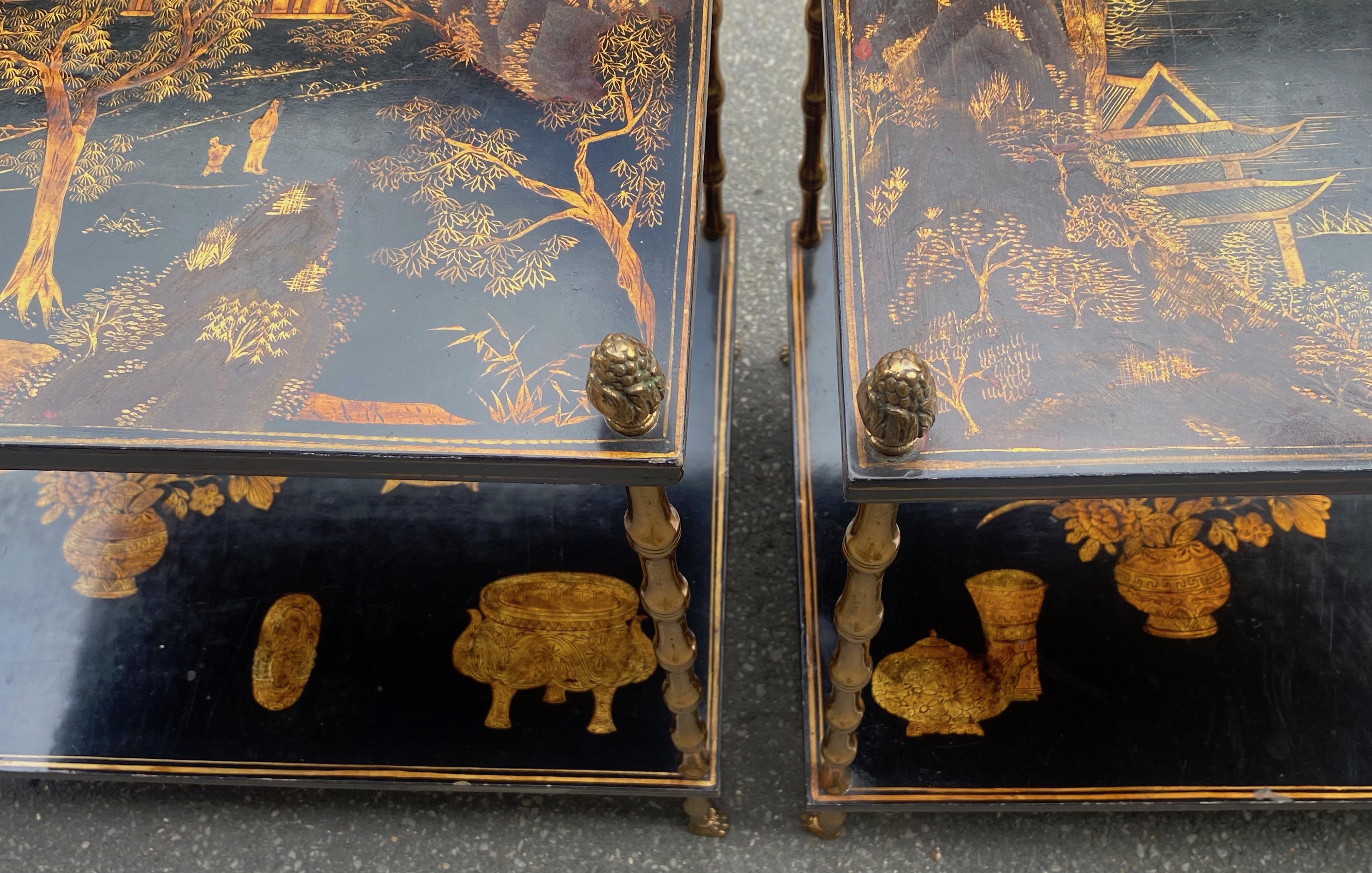 1950 Pair of Maison Baguès Tables Bamboo Decor in Gilt Bronze with Chinese Lacq 1