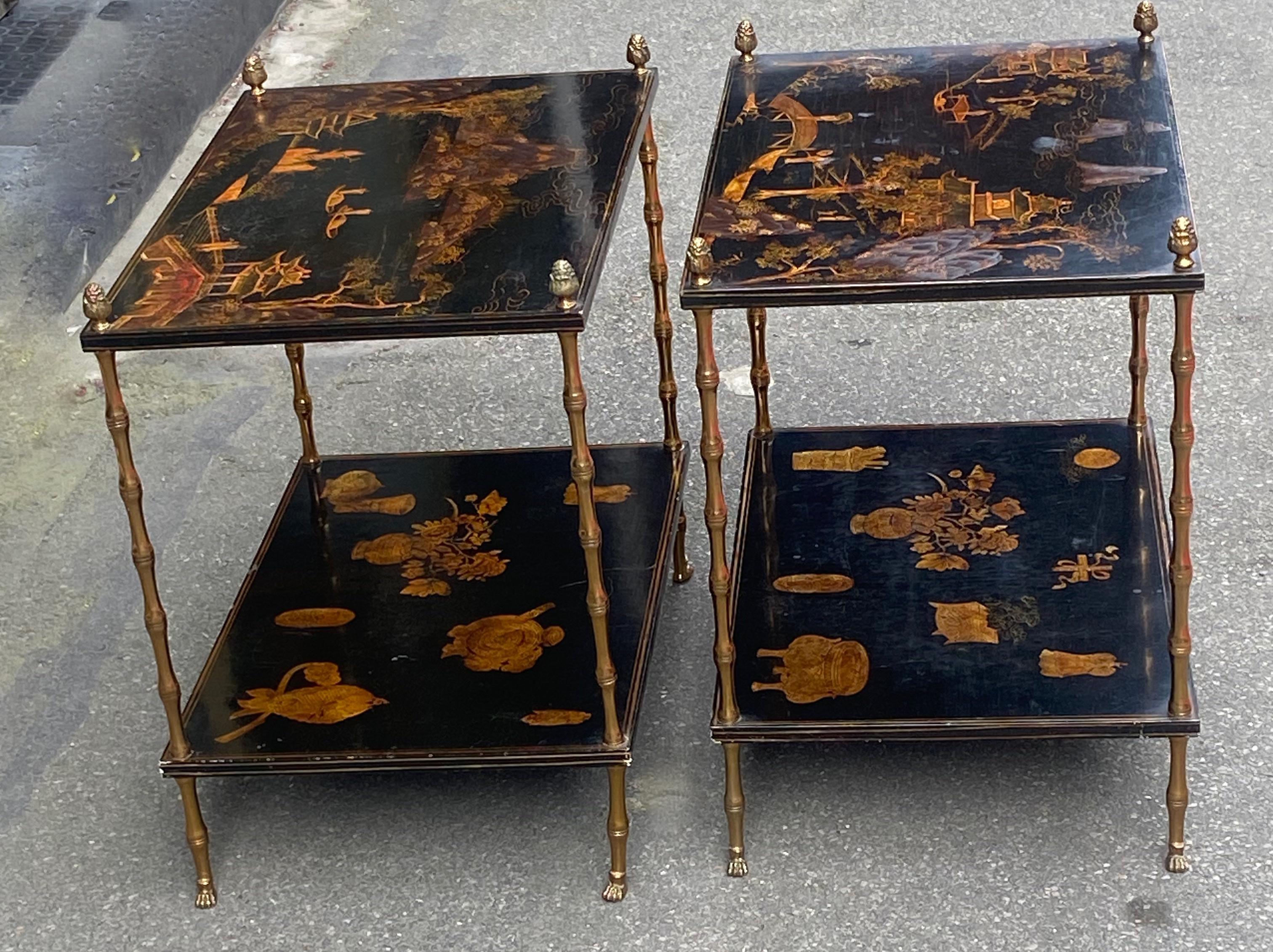1950 Pair of Maison Baguès Tables Bamboo Decor in Gilt Bronze with Chinese Lacq 3