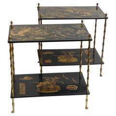 1950′ Pair Of Maison Baguès Tables Bamboo Decor In Gilt Bronze With Chinese Lacq