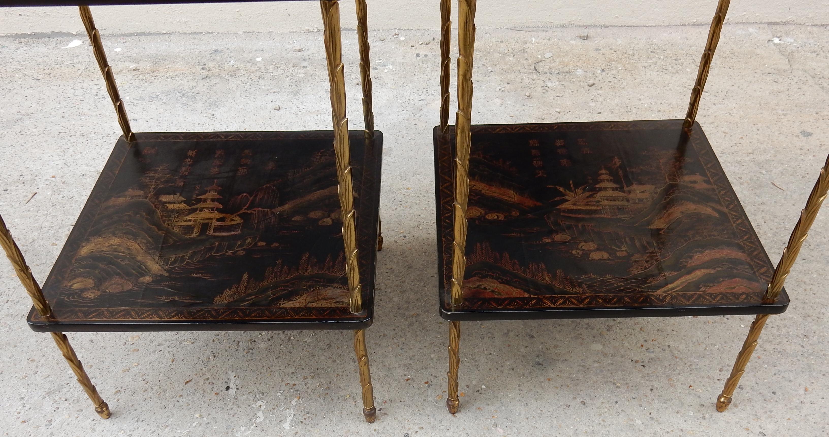 1950 ′ Pair of Maison Baguès Tables with Palm Tree Gilt Bronze + China Lacquer 4