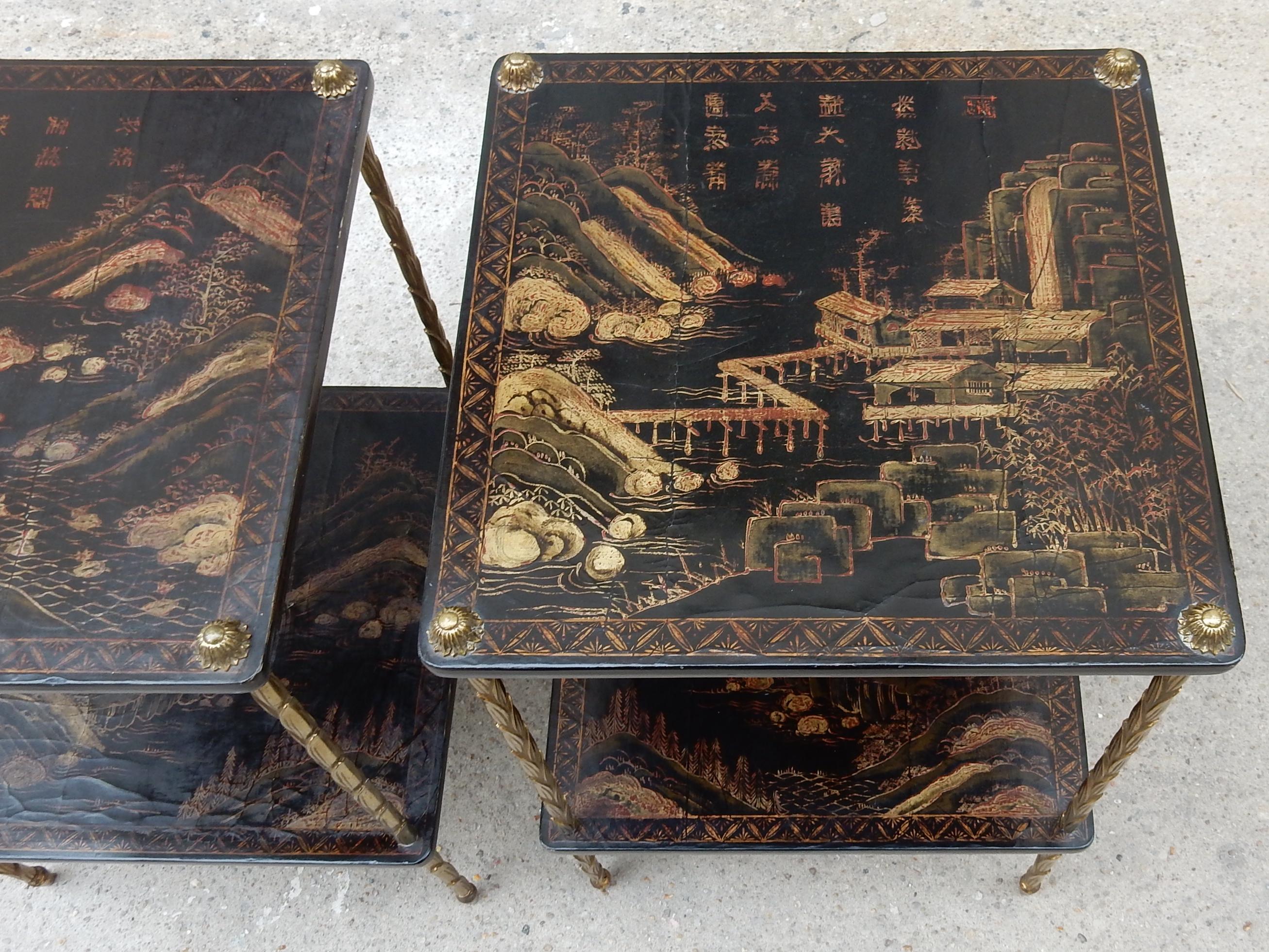 1950 ′ Pair of Maison Baguès Tables with Palm Tree Gilt Bronze + China Lacquer 6