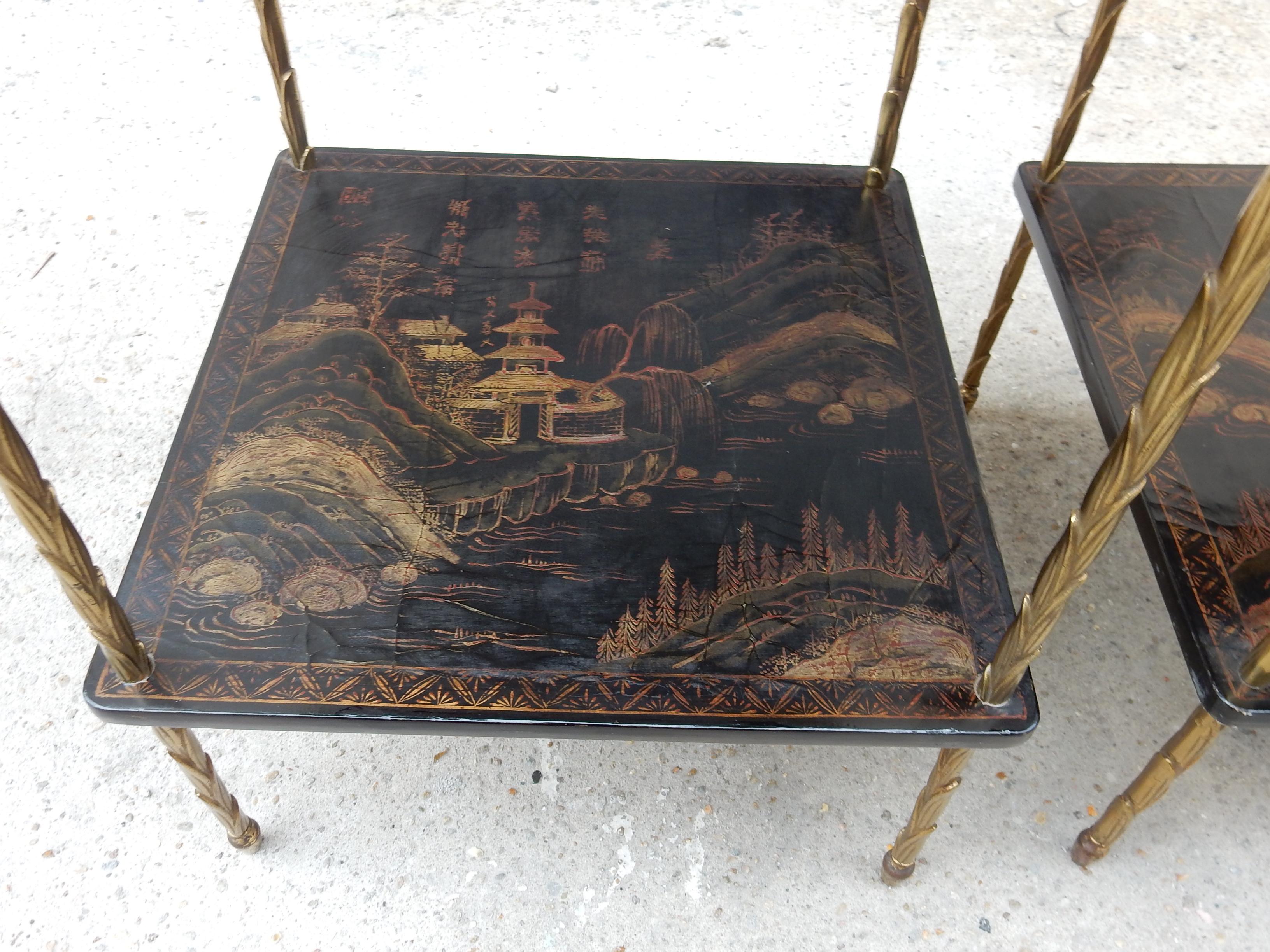 1950 ′ Pair of Maison Baguès Tables with Palm Tree Gilt Bronze + China Lacquer 7