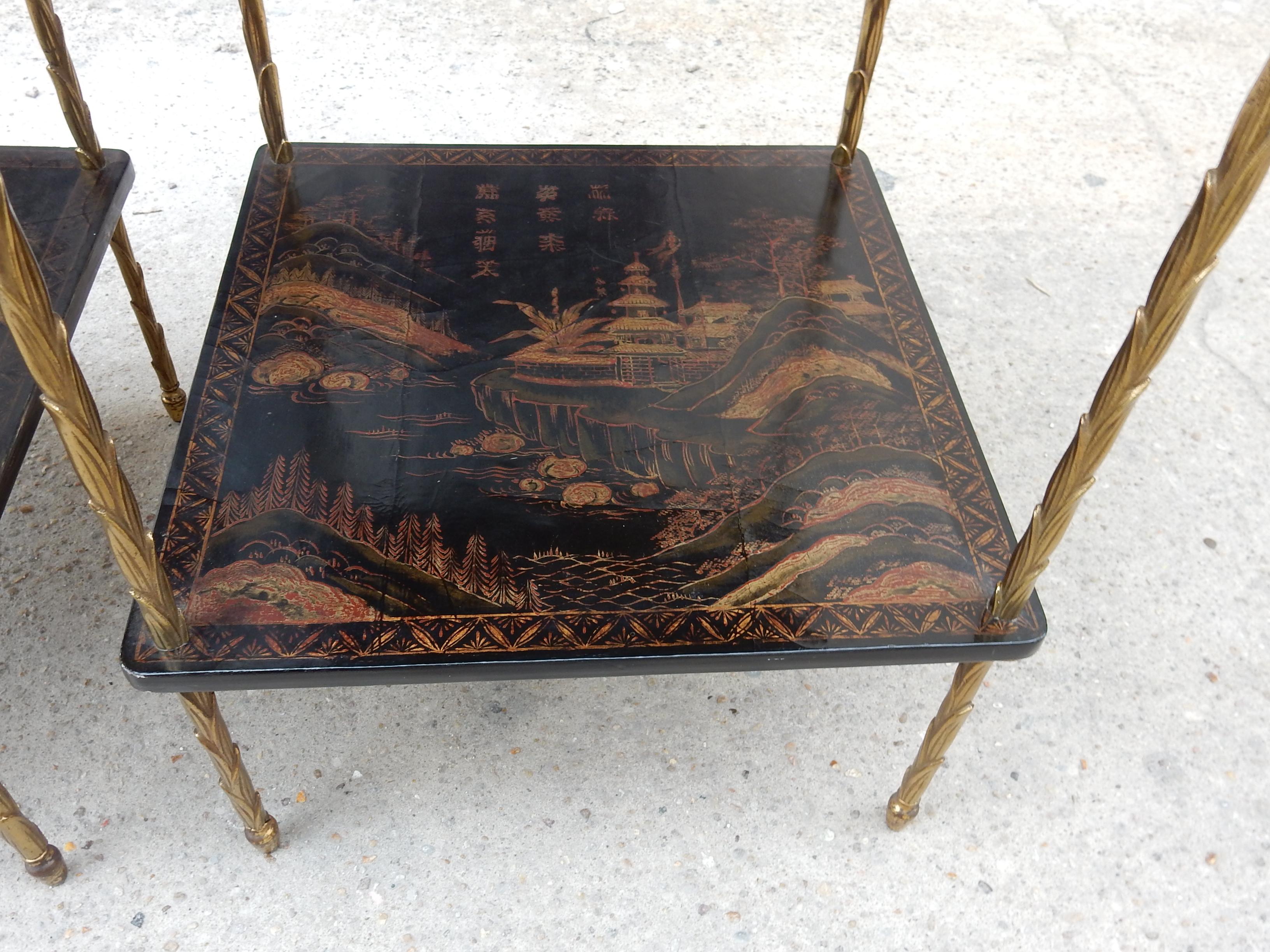1950 ′ Pair of Maison Baguès Tables with Palm Tree Gilt Bronze + China Lacquer 8