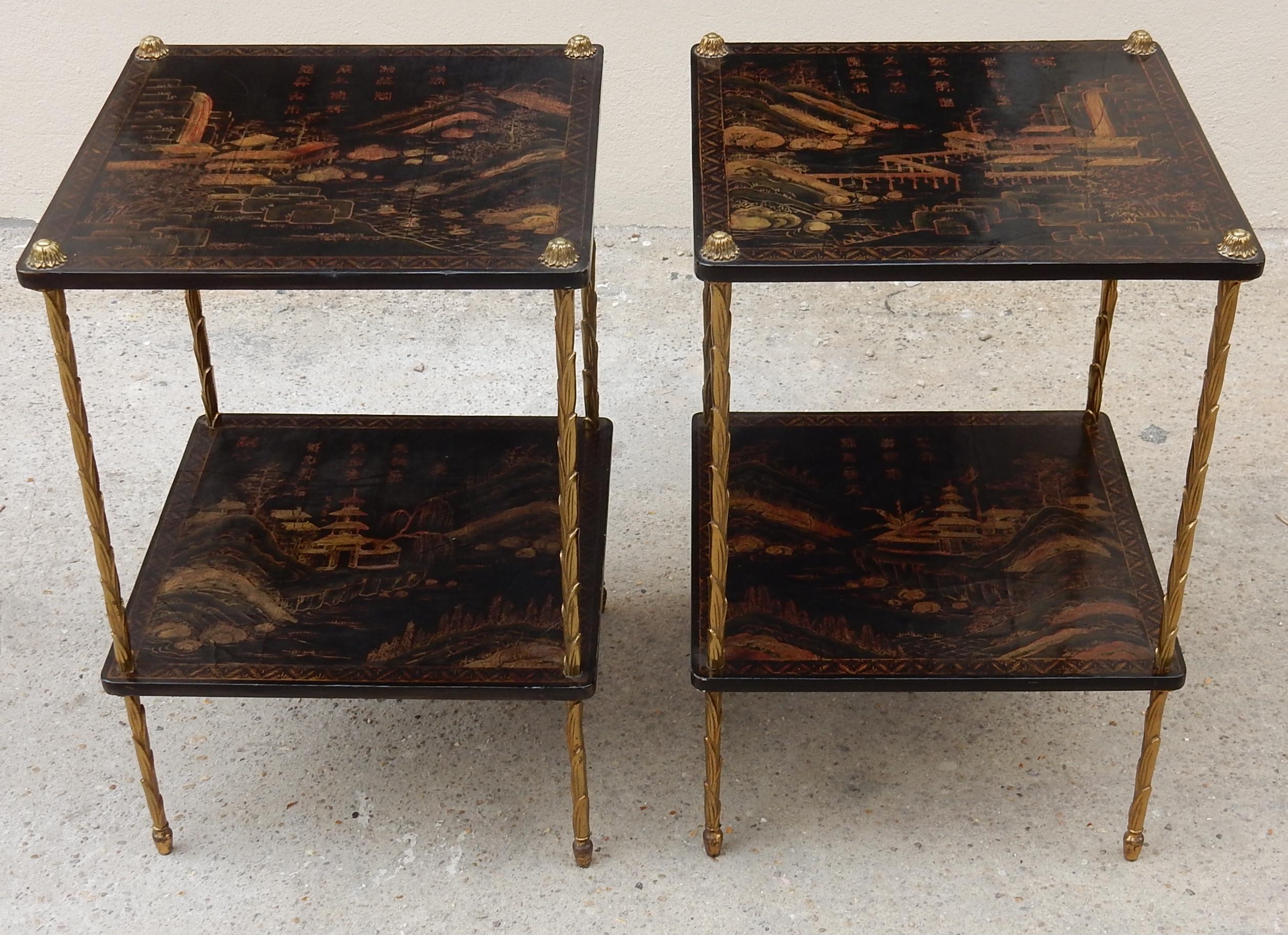 1950 ′ Pair of Maison Baguès Tables with Palm Tree Gilt Bronze + China Lacquer 9