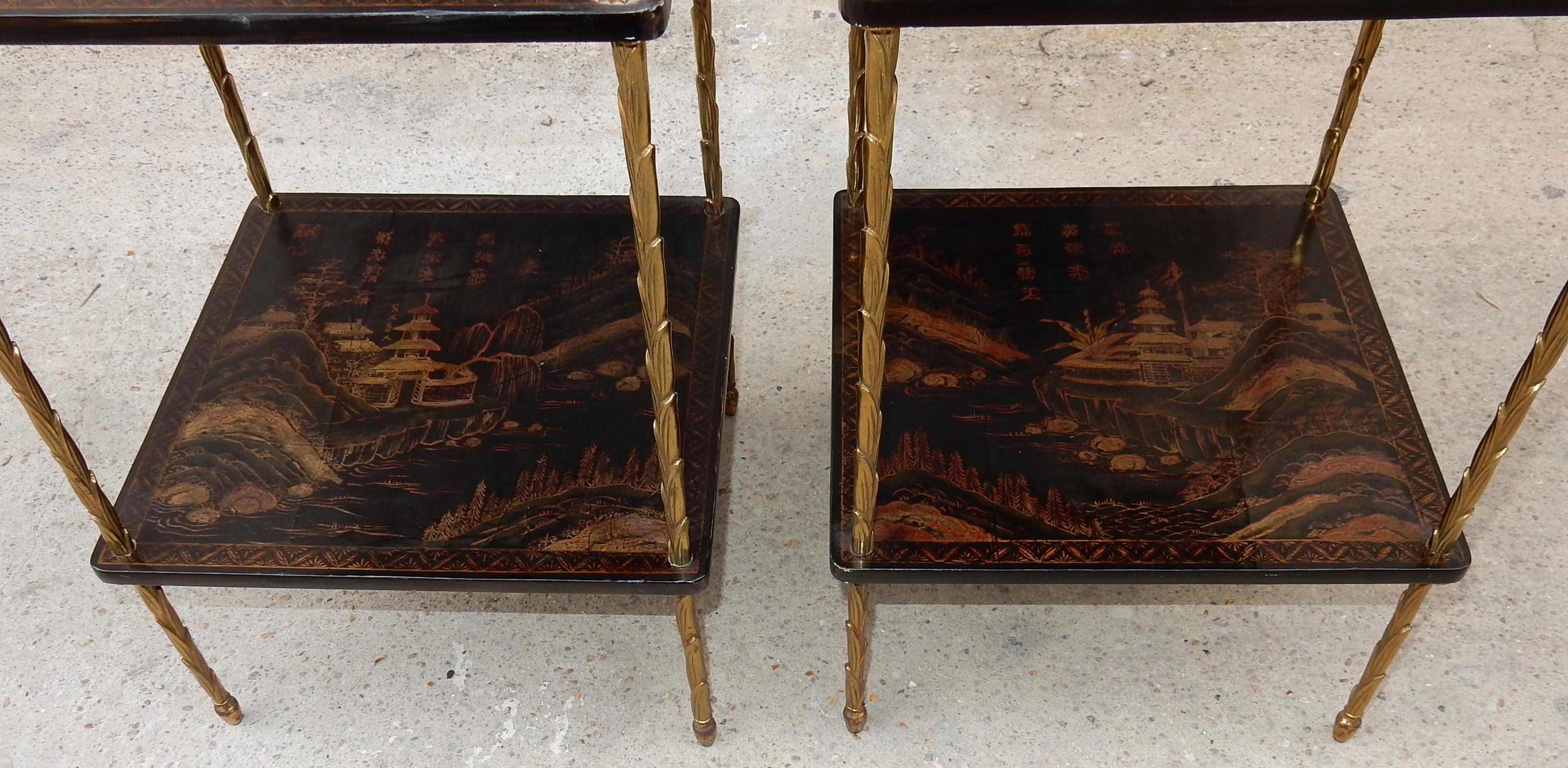 Late 20th Century 1950 ′ Pair of Maison Baguès Tables with Palm Tree Gilt Bronze + China Lacquer