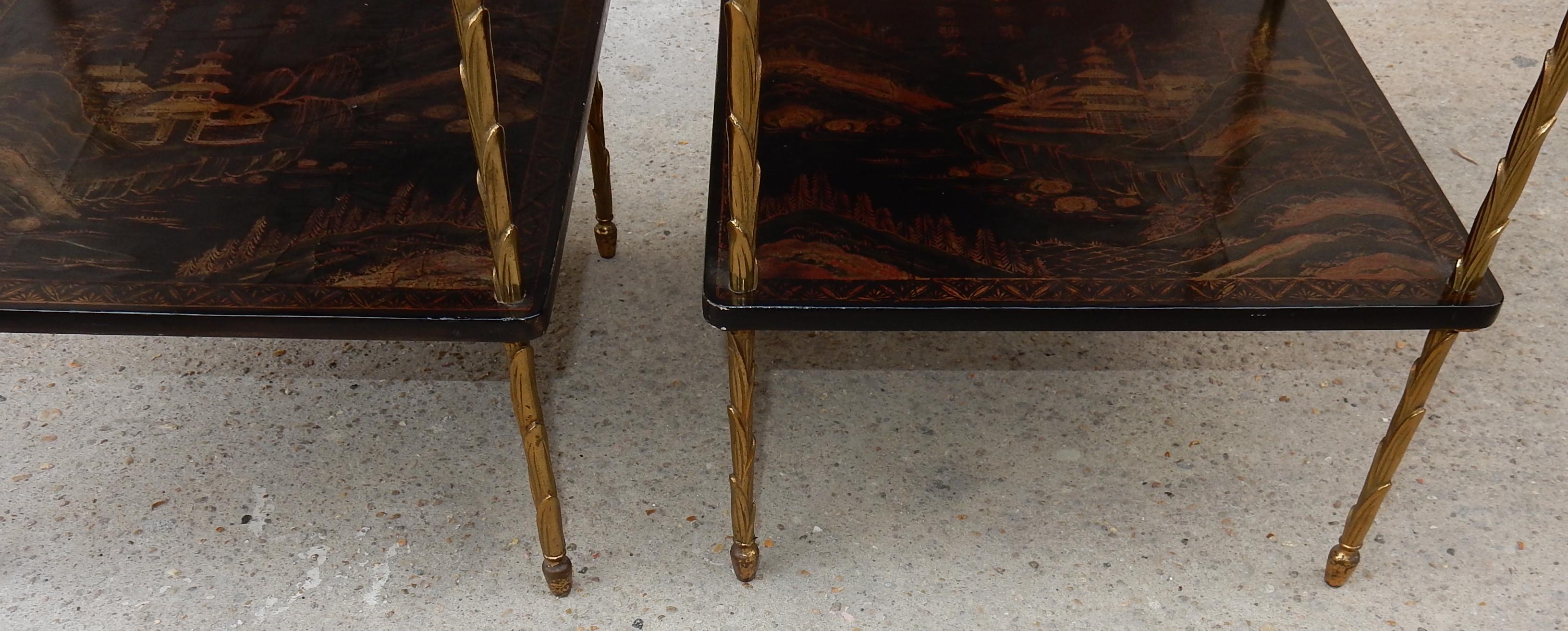 1950 ′ Pair of Maison Baguès Tables with Palm Tree Gilt Bronze + China Lacquer 1