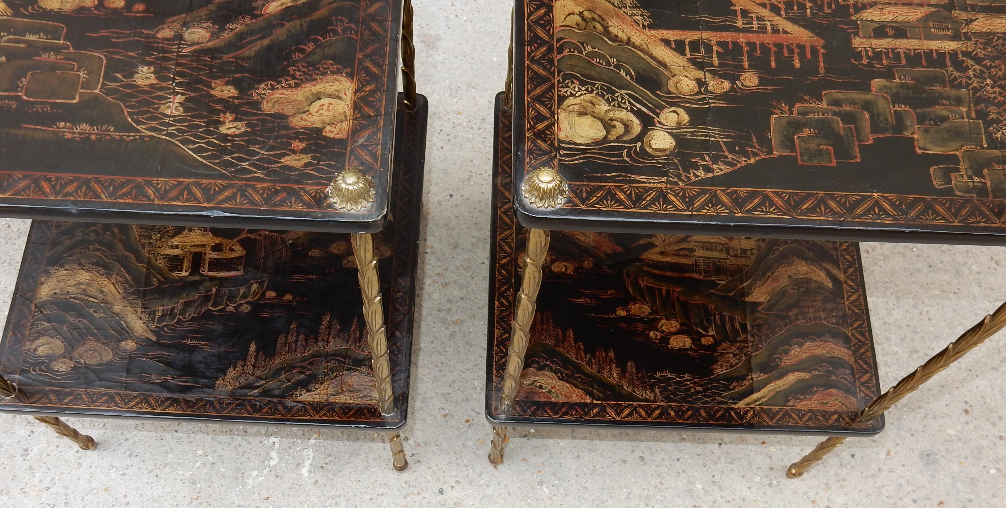 1950 ′ Pair of Maison Baguès Tables with Palm Tree Gilt Bronze + China Lacquer 2
