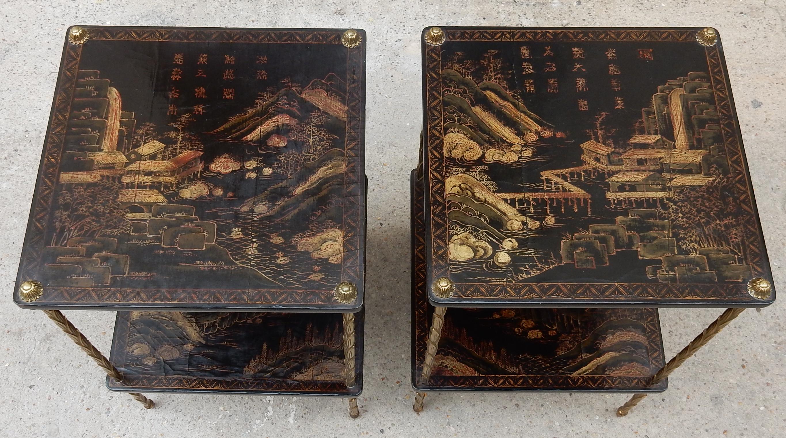 1950 ′ Pair of Maison Baguès Tables with Palm Tree Gilt Bronze + China Lacquer 3