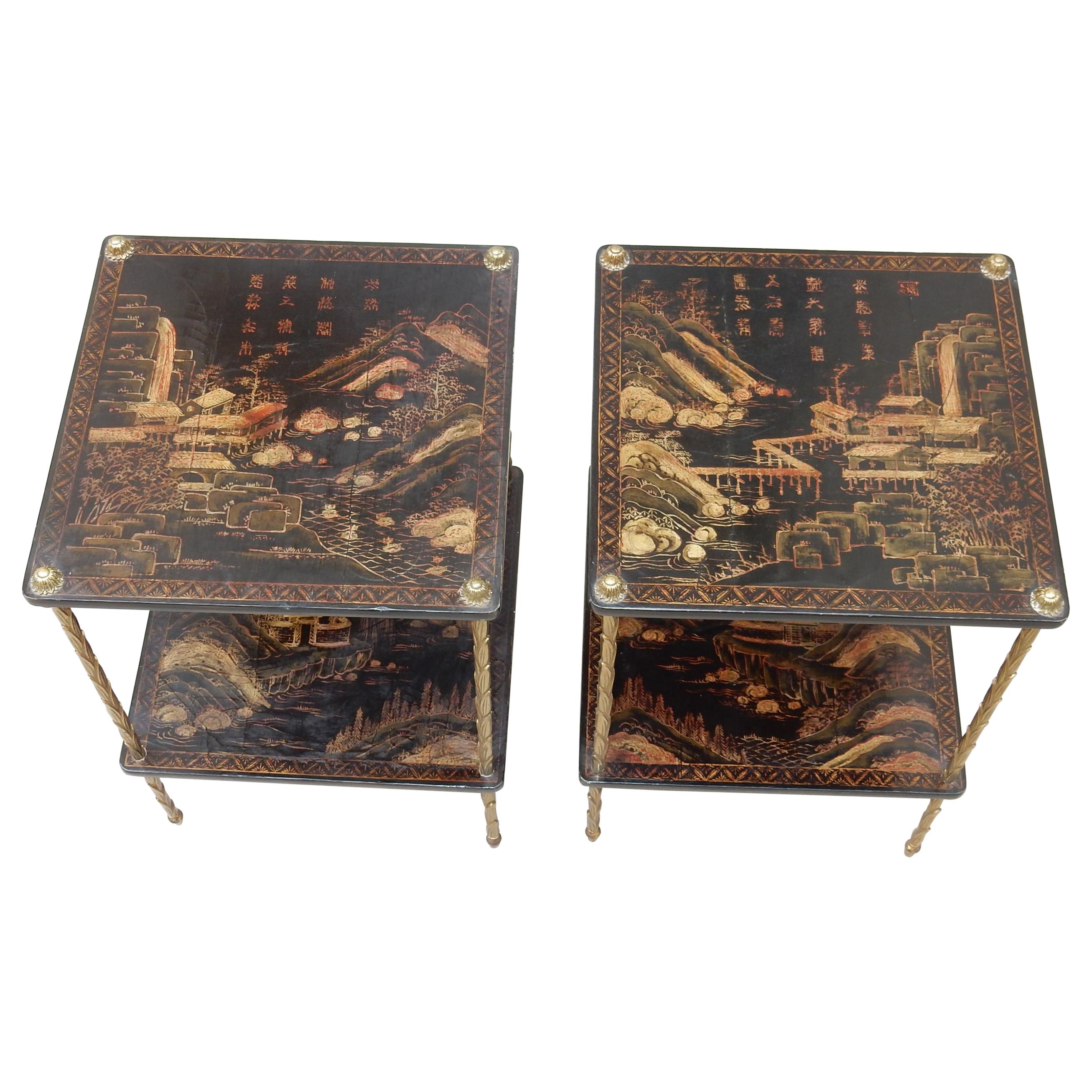 1950 ′ Pair of Maison Baguès Tables with Palm Tree Gilt Bronze + China Lacquer