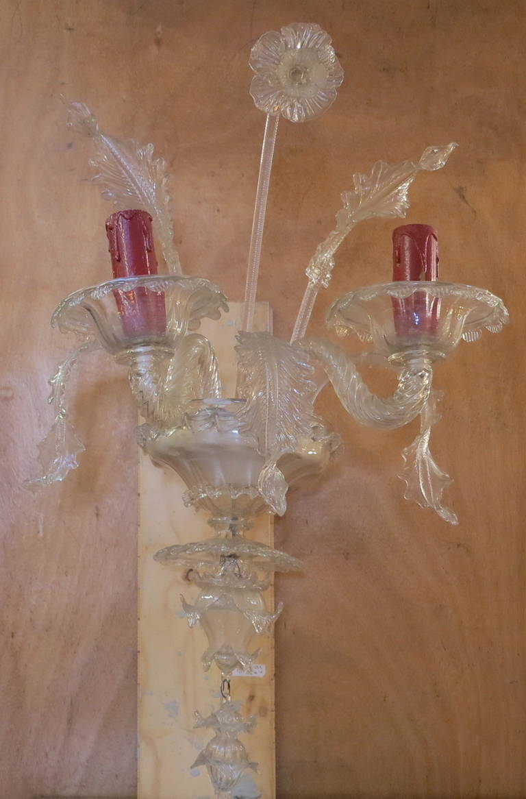 Sconces Murano crystal clear, good condition, attributed to Salviati, circa 1940. Two arms, five leaves and one flower.
