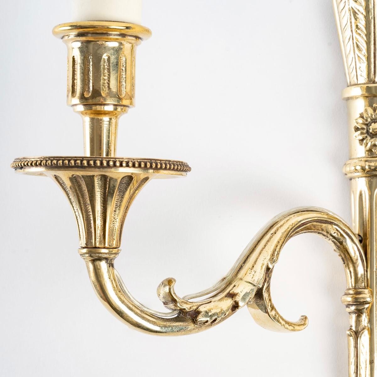 French 1950 Pair of Neoclassical Sconces in Bronze from the House of Lucien Gau For Sale