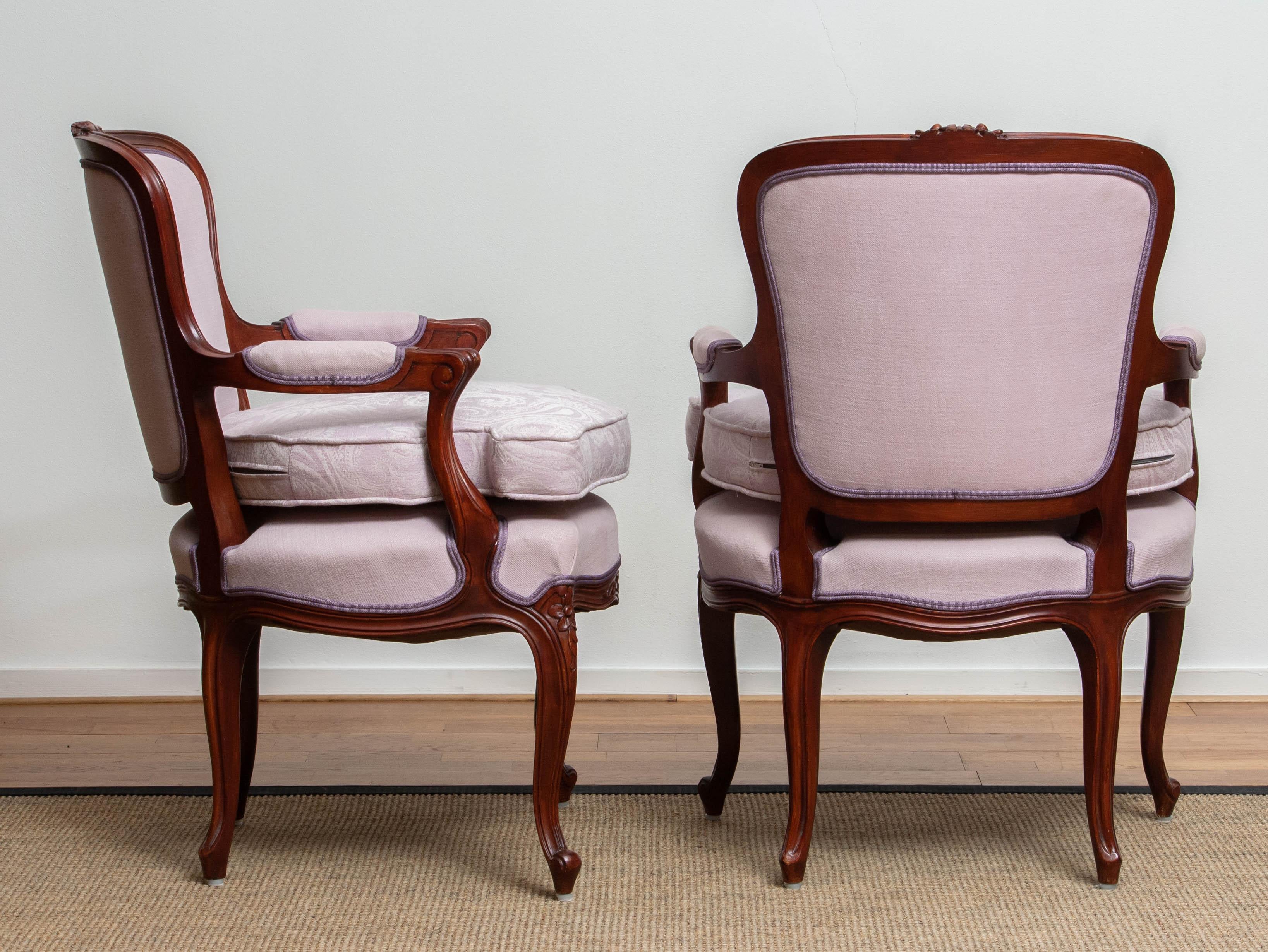 Jacquard 1950 Pair of Pink Swedish Rococo Bergères in the Shabby Chic Technique Chairs F