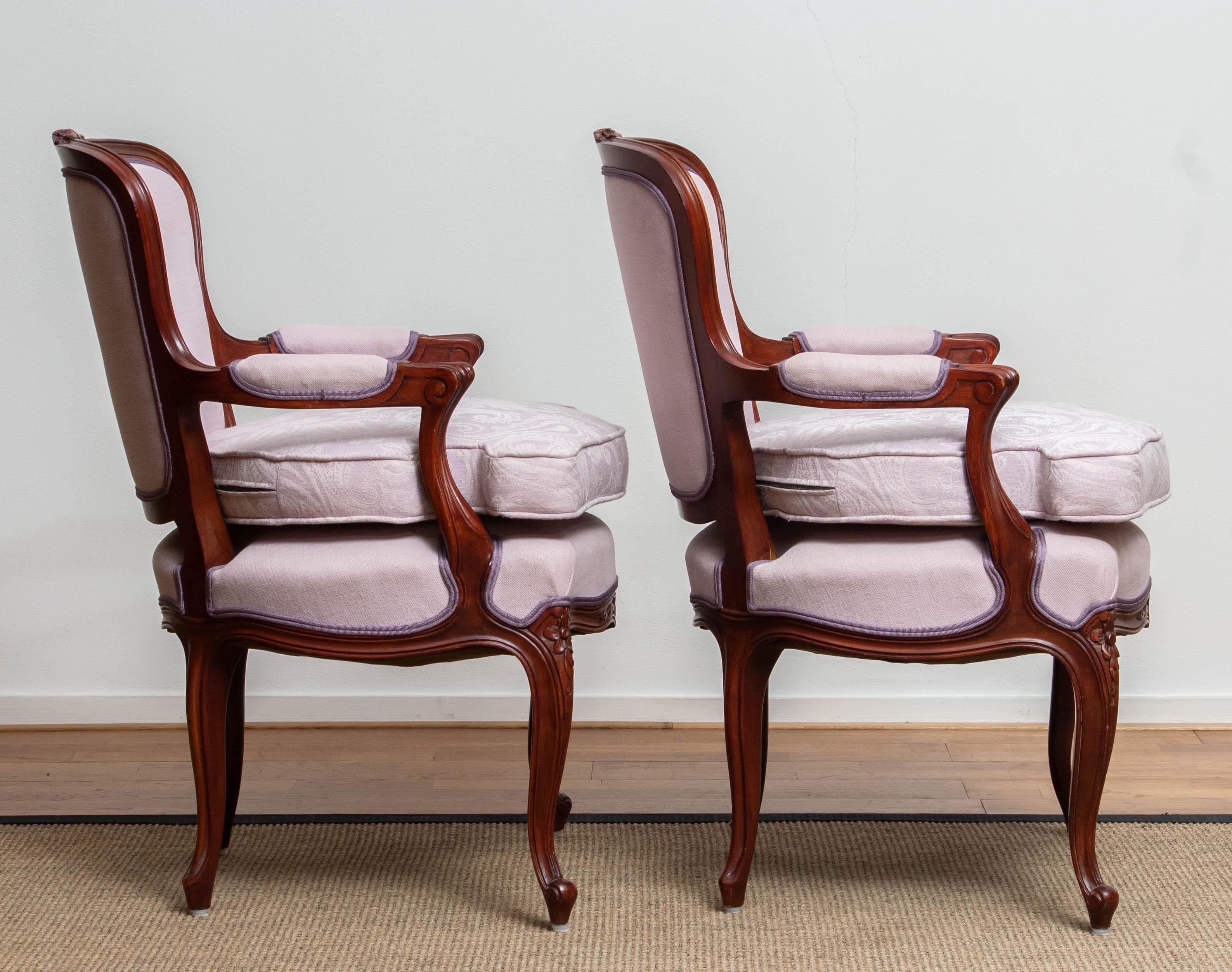 1950 Pair of Pink Swedish Rococo Bergères in the Shabby Chic Technique Chairs F 1
