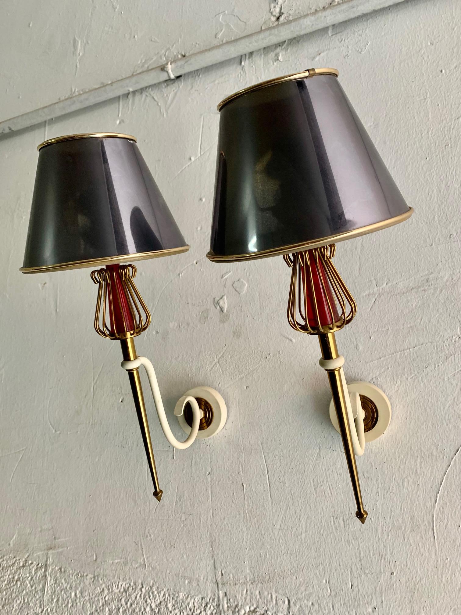 1950 Pair of Sconces Laquered Metal by Maison Lunel For Sale 2
