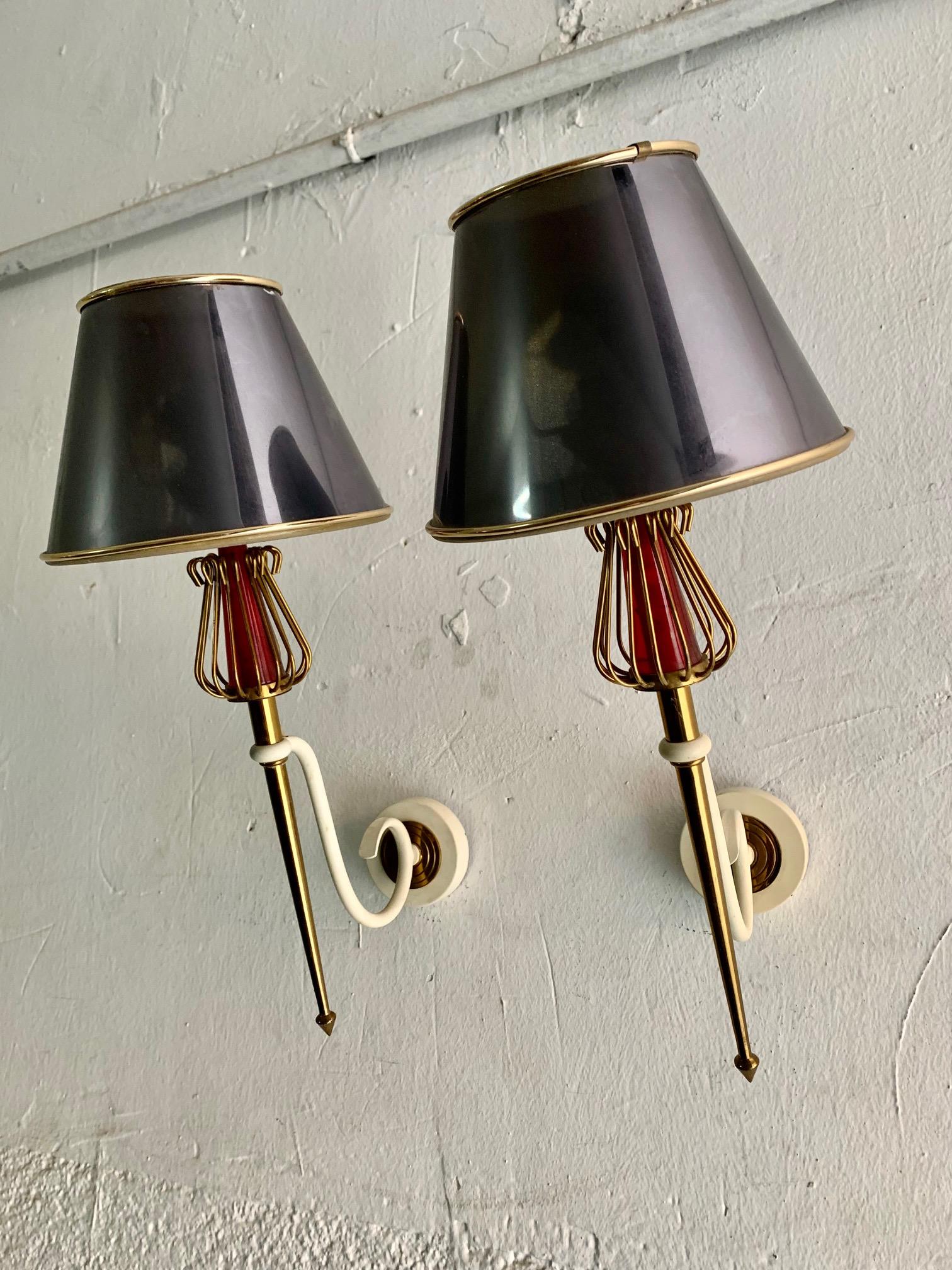 1950 Pair of Sconces Laquered Metal by Maison Lunel 3