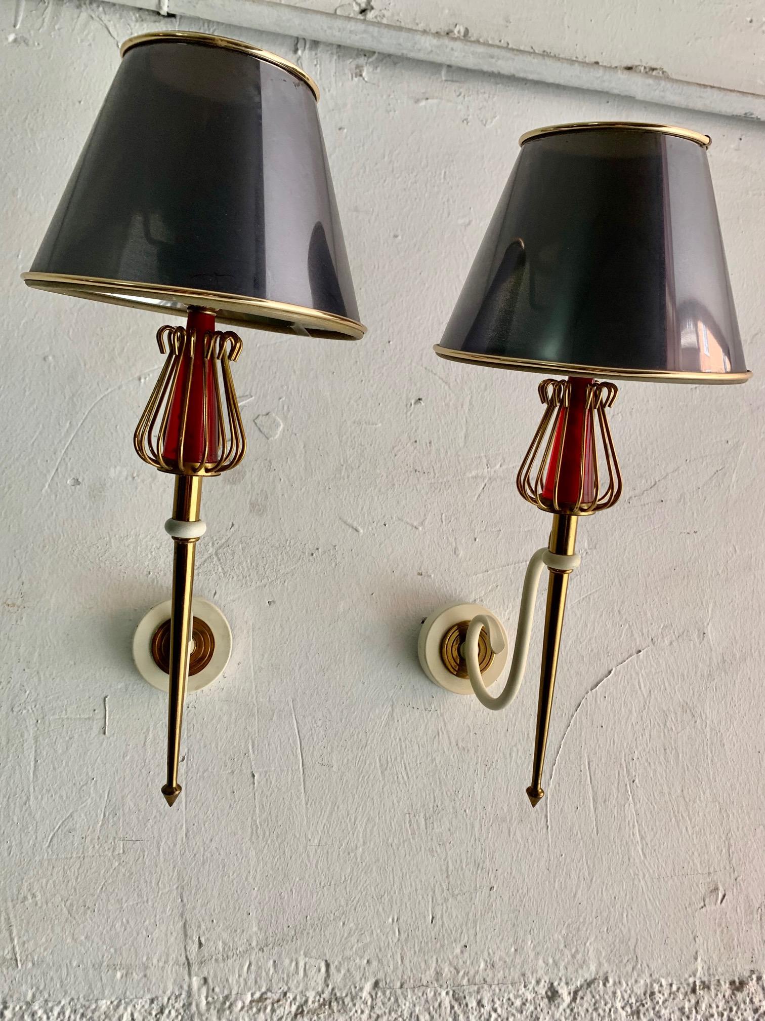1950 Pair of Sconces Laquered Metal by Maison Lunel 5
