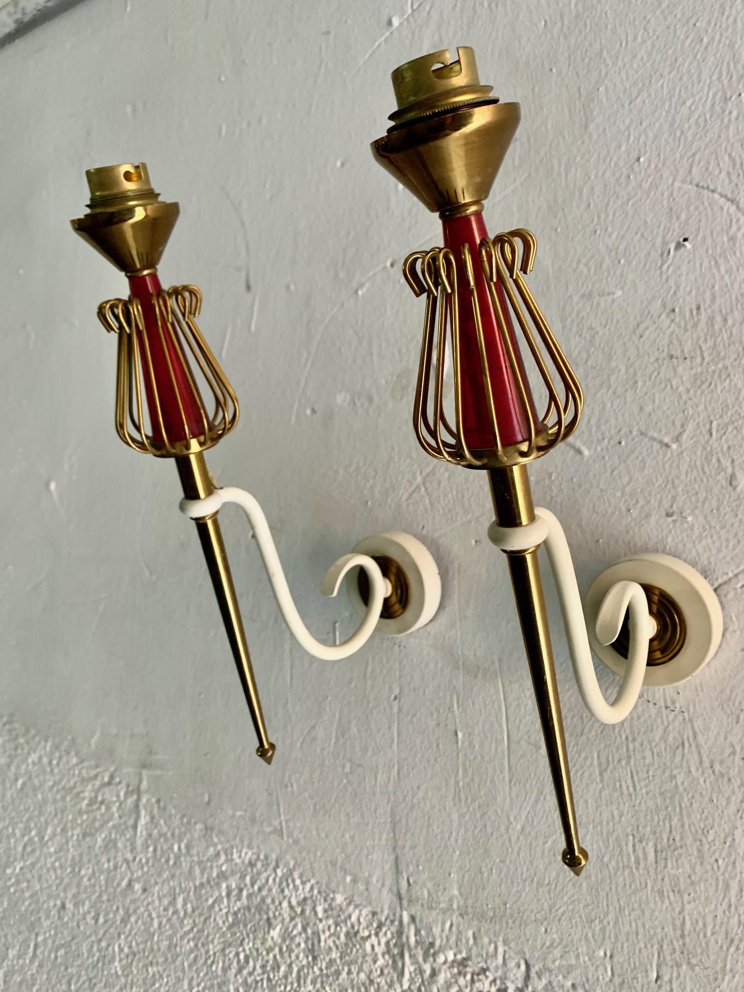 1950 Pair of Sconces Laquered Metal by Maison Lunel In Good Condition In Madrid, ES