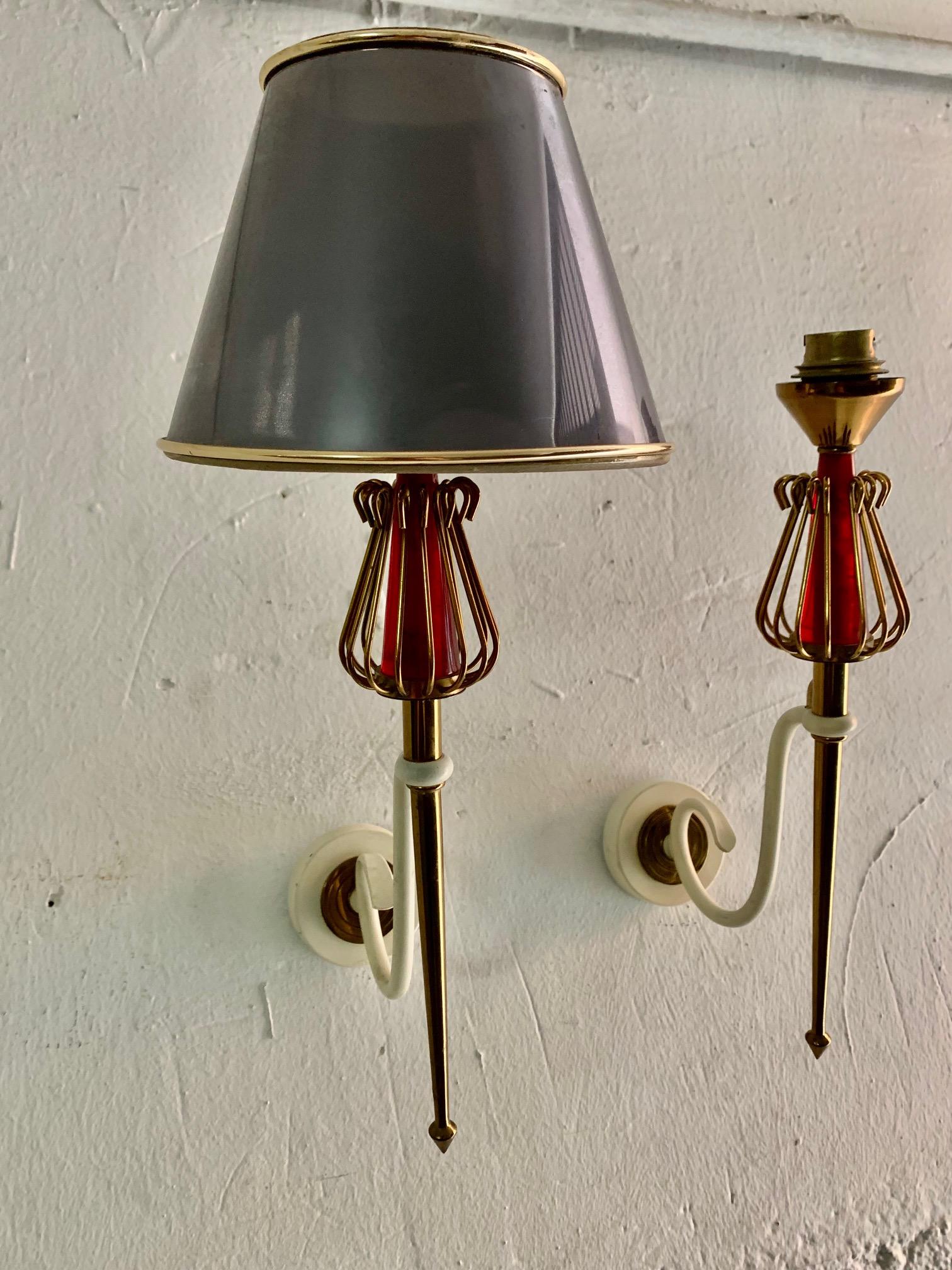 Brass 1950 Pair of Sconces Laquered Metal by Maison Lunel For Sale