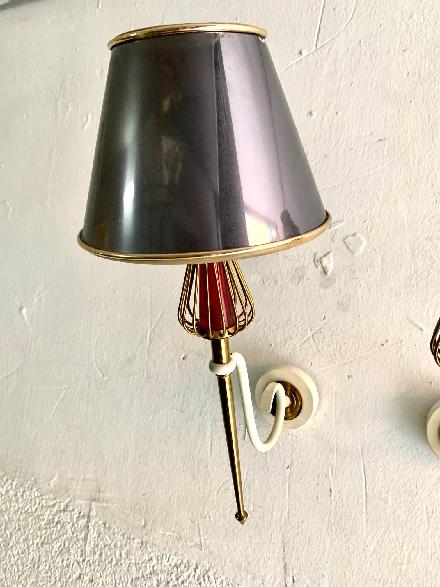 1950 Pair of Sconces Laquered Metal by Maison Lunel 2