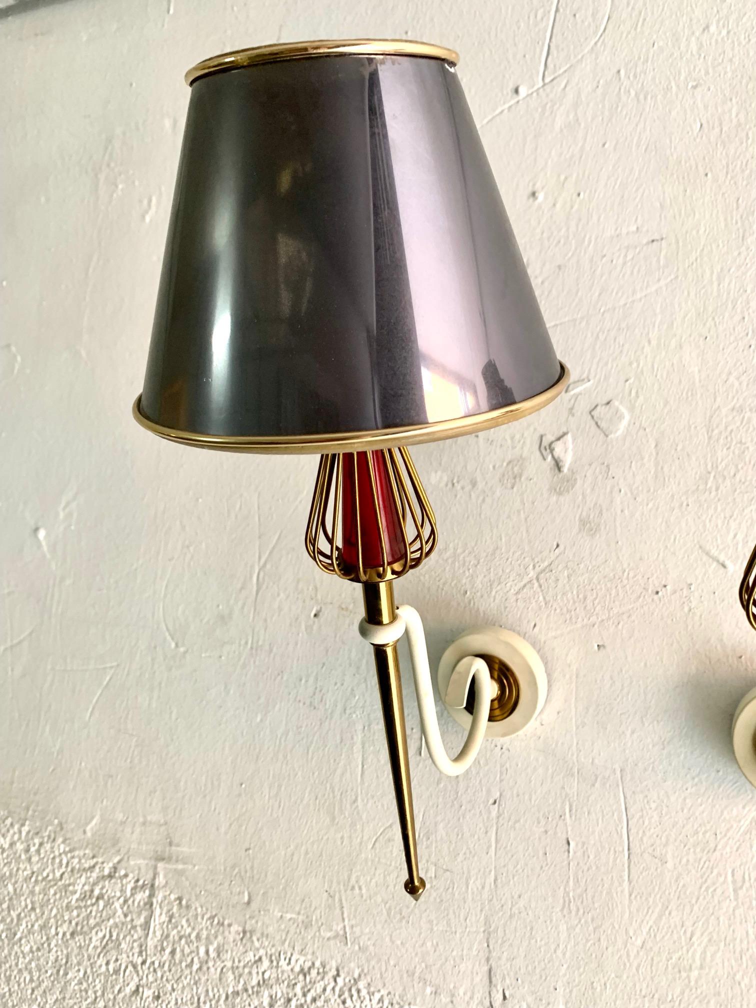 1950 Pair of Sconces Laquered Metal by Maison Lunel For Sale 1