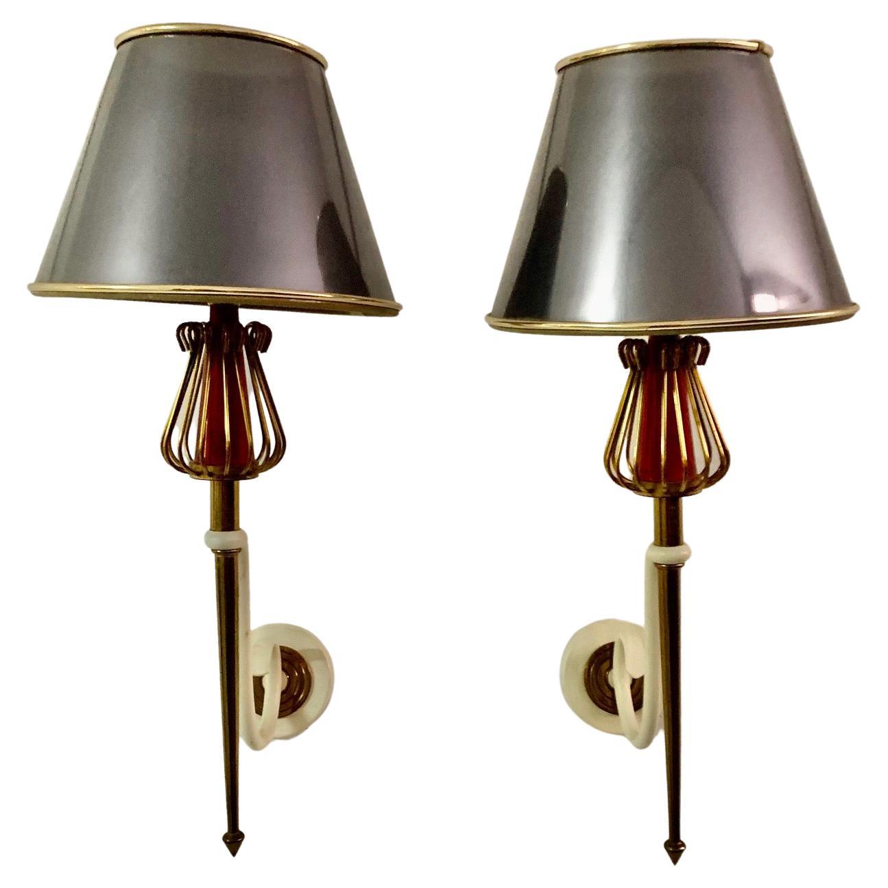 1950 Pair of Sconces Laquered Metal by Maison Lunel