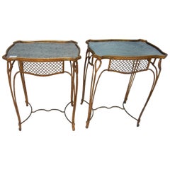 1950 ‘Pair of Side Tables Maison Bagués Wrought Iron Gilded with Gold Tops Aged