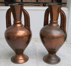1950 Pair of Spanish "Alhambra" Style Copper Vases with Handles