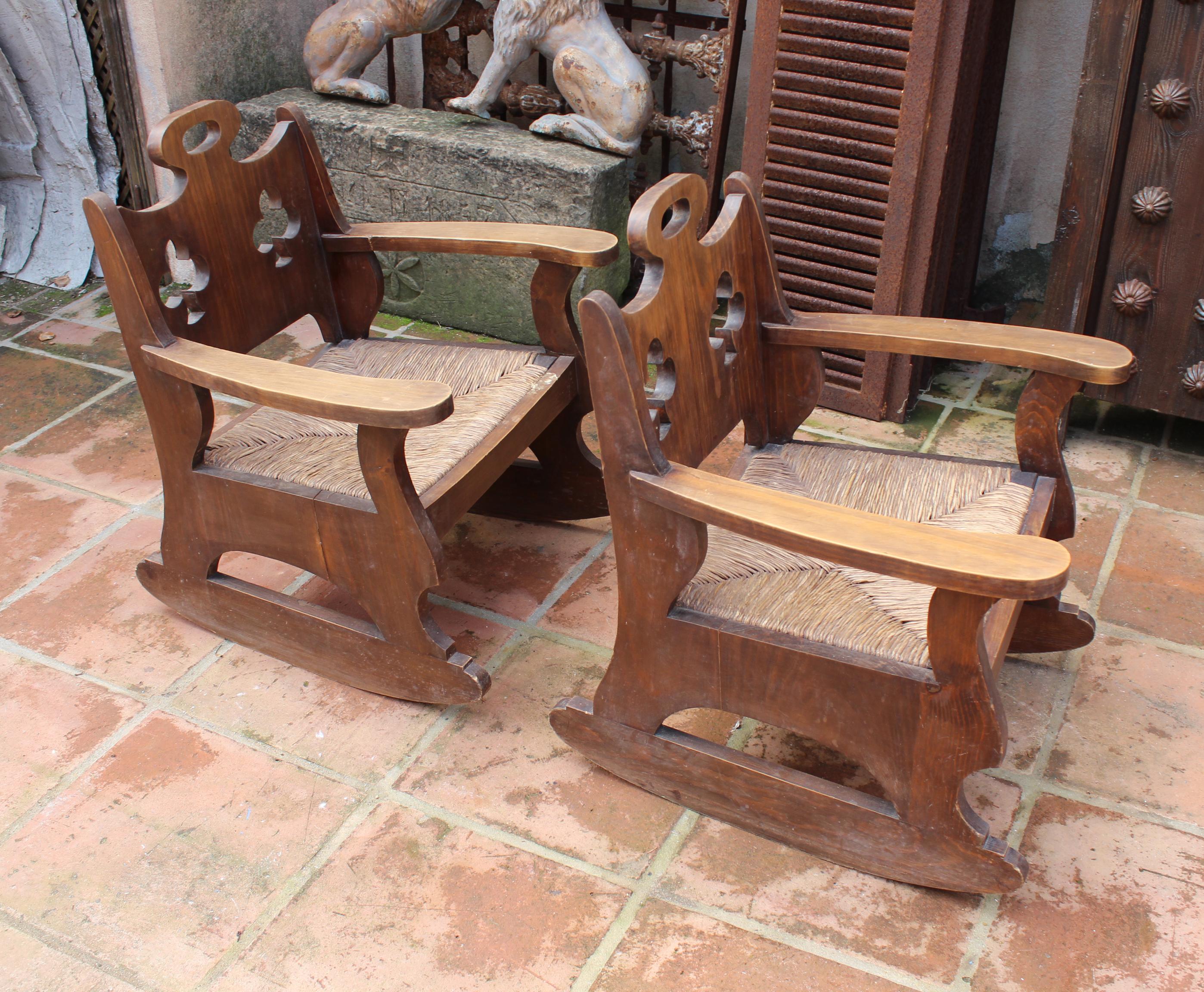 20th Century 1950 Pair of Spanish Rattan Wicker Rocking Chairs