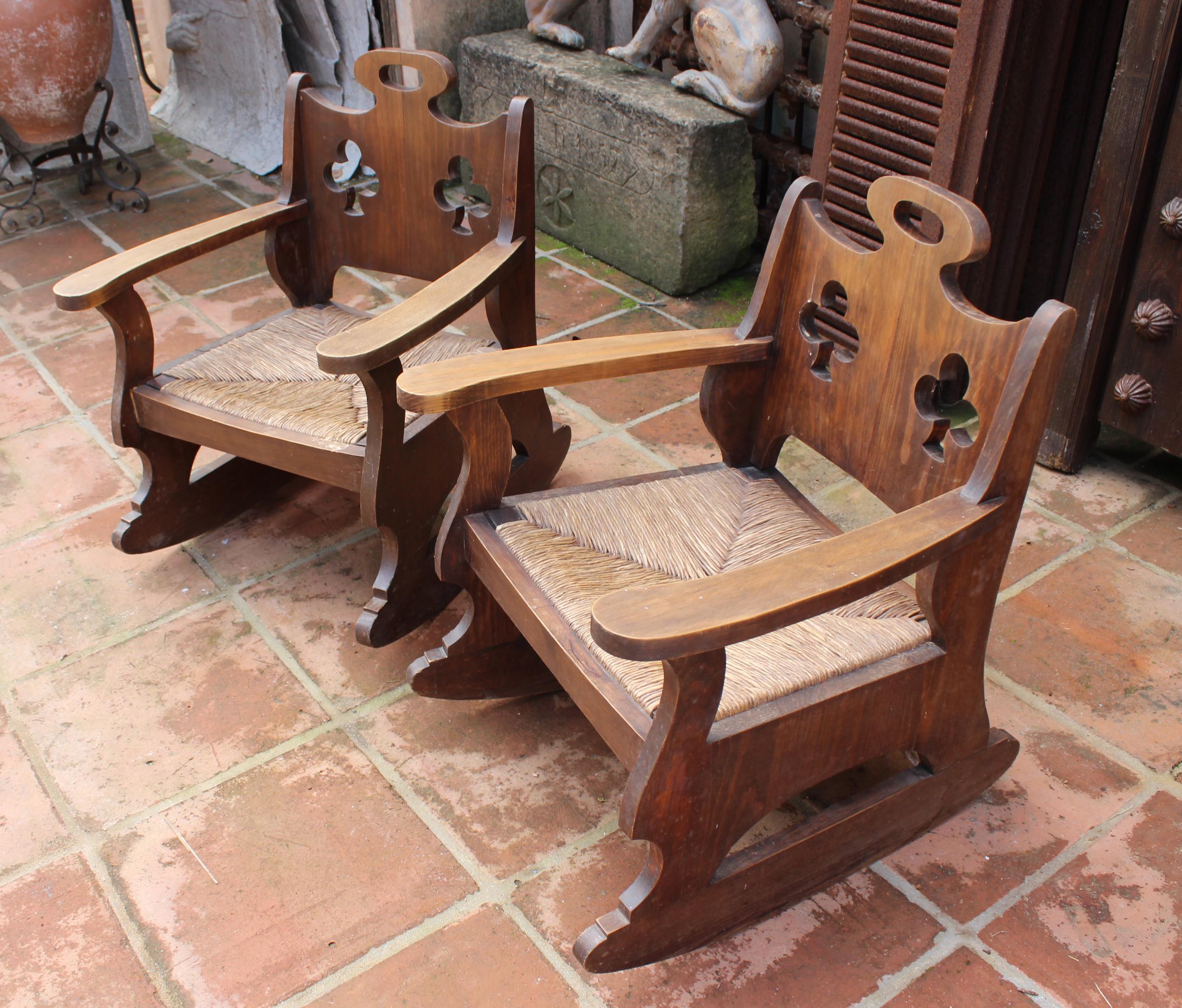 1950 Pair of Spanish Rattan Wicker Rocking Chairs 1