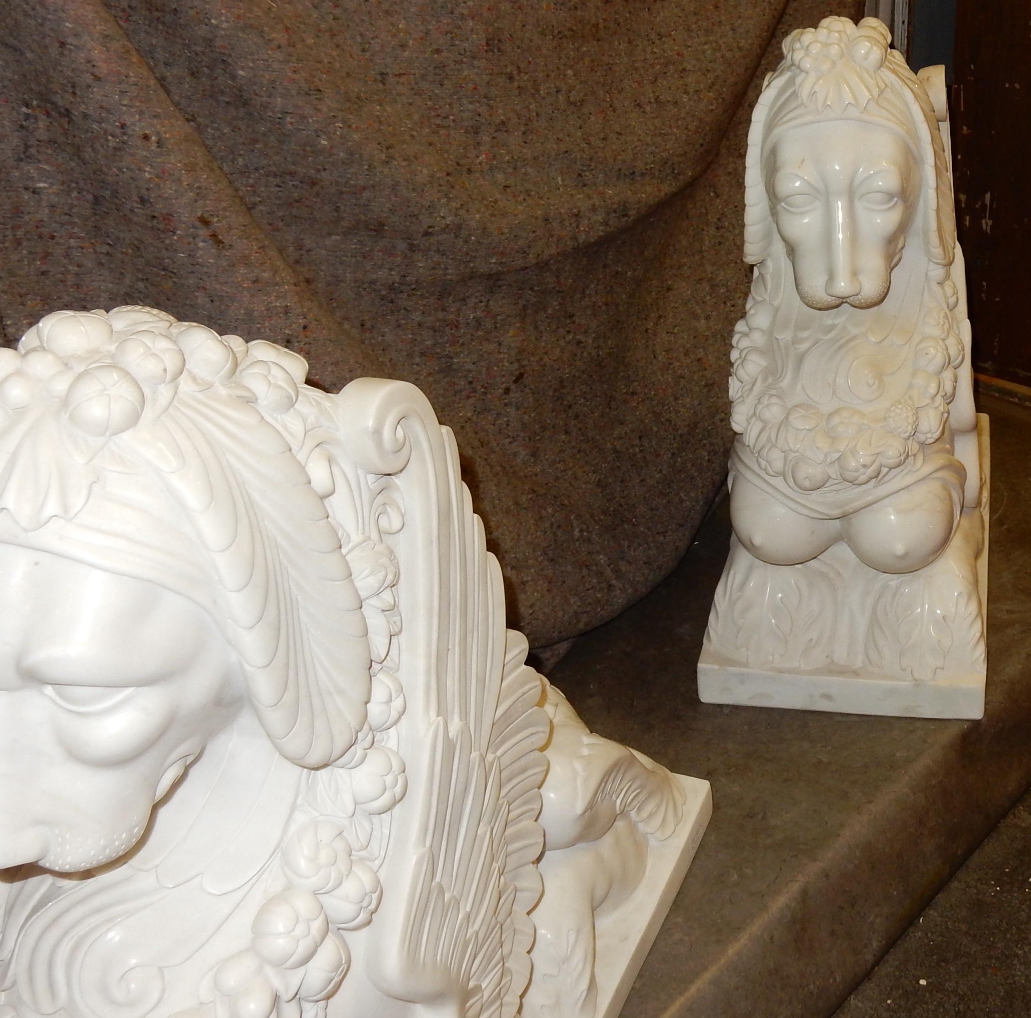 1950 Pair of Statuary White Marble Sphinxes For Sale 3