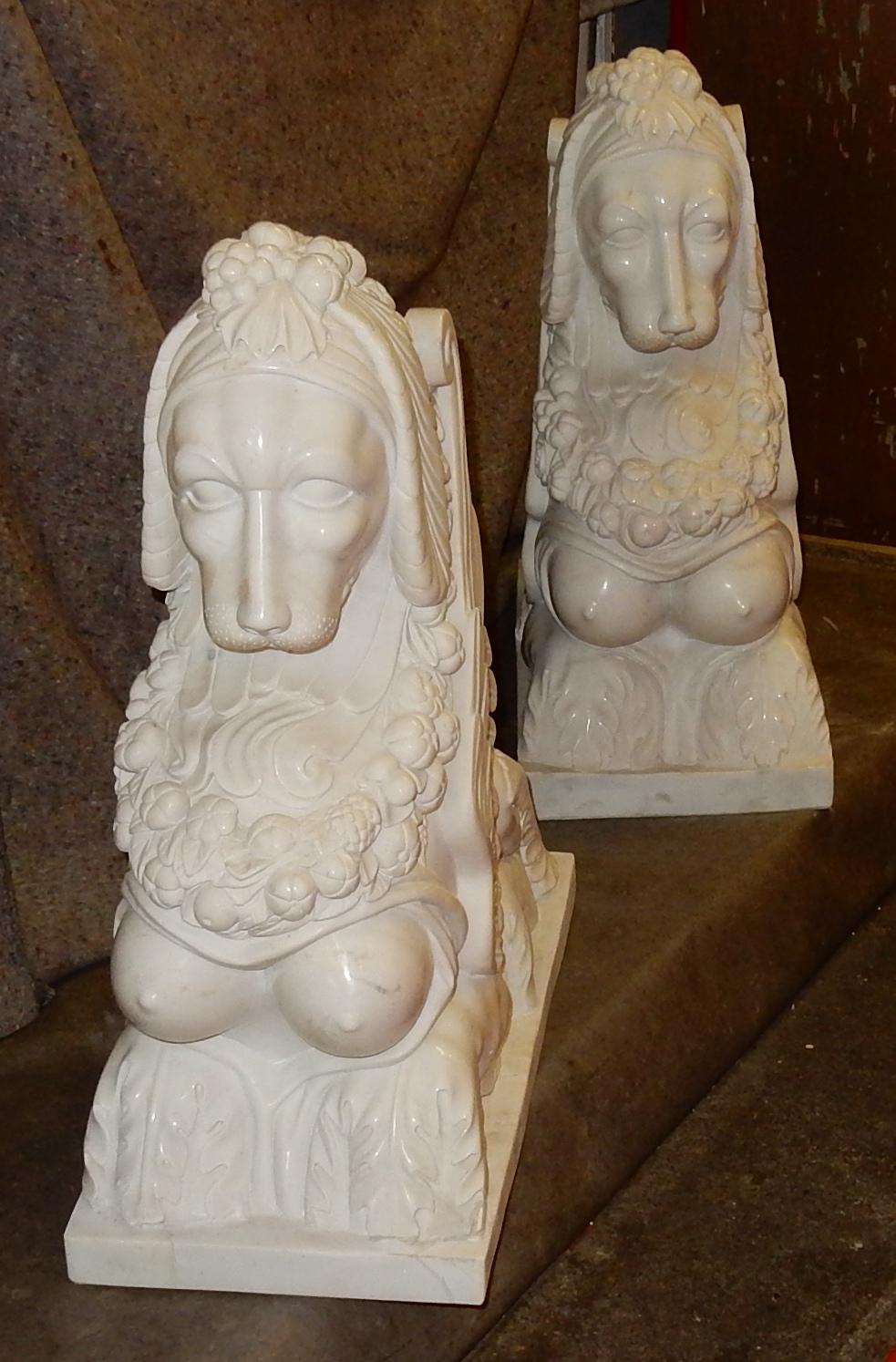 1950 Pair of Statuary White Marble Sphinxes For Sale 4