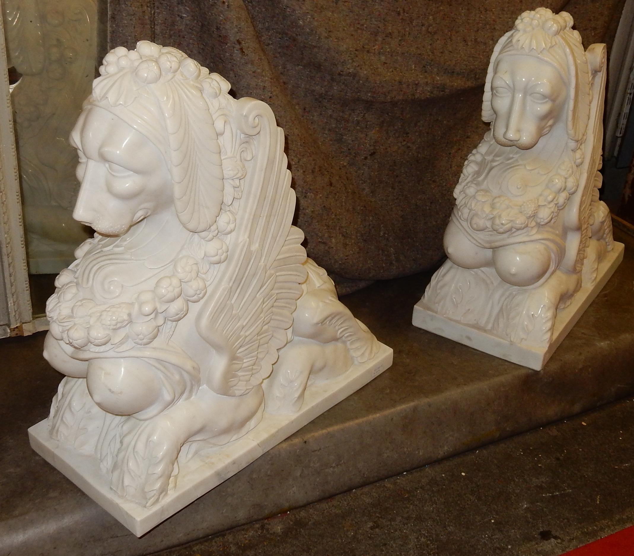 1950 Pair of Statuary White Marble Sphinxes For Sale 5