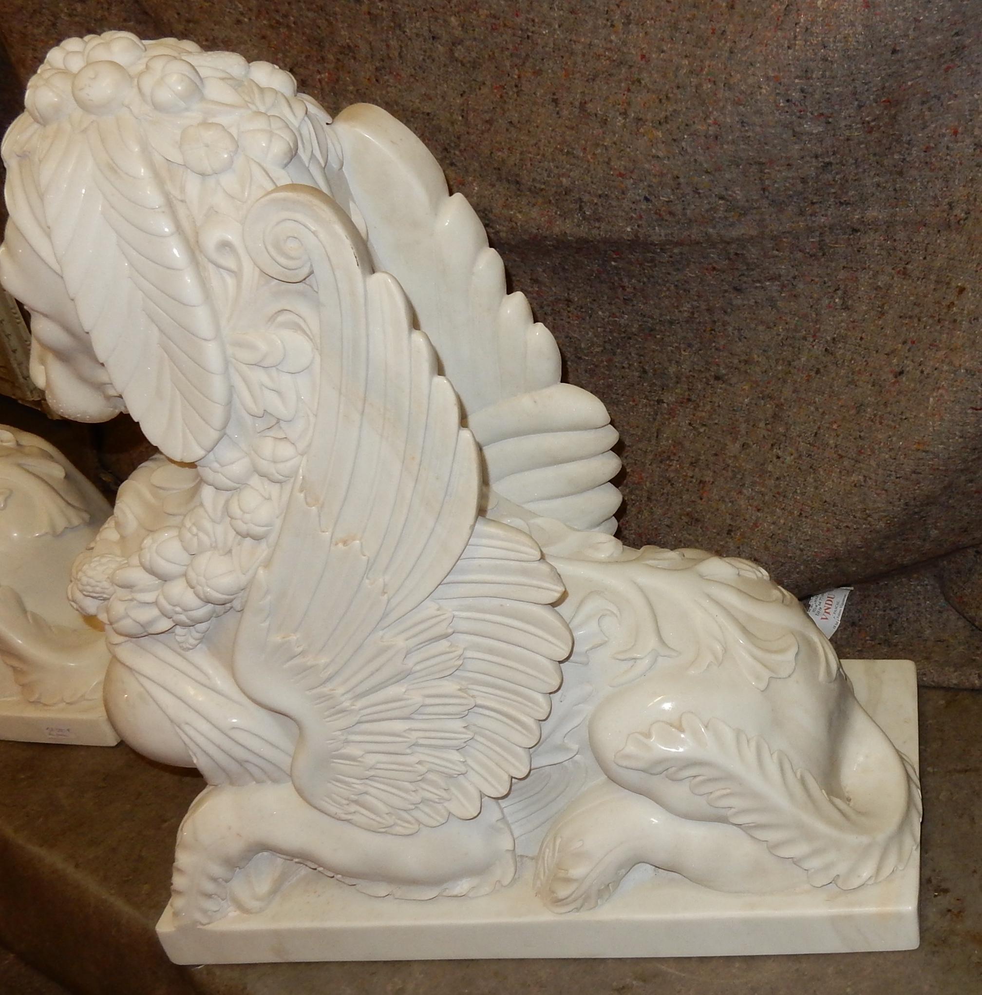 1950 Pair of Statuary White Marble Sphinxes For Sale 7