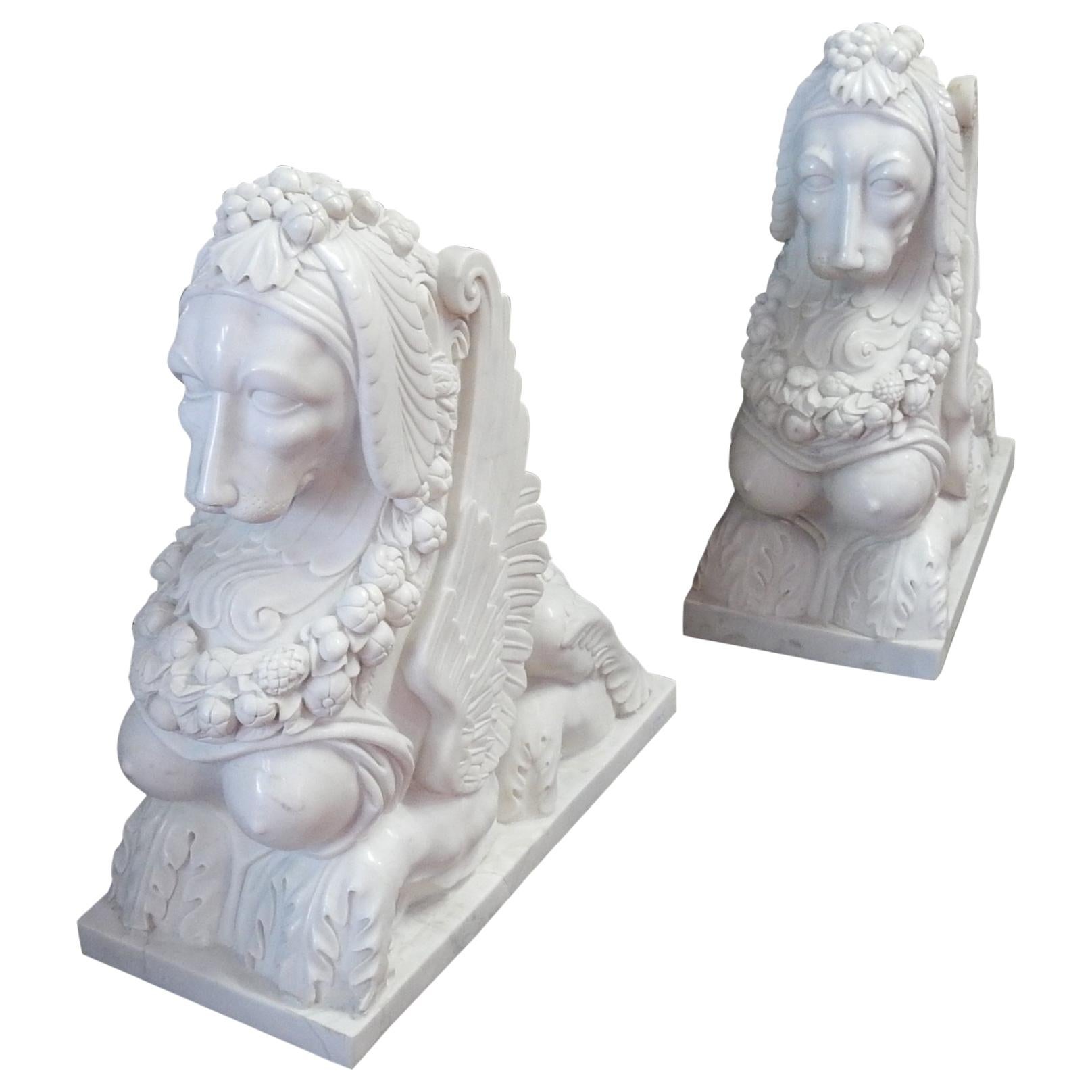 1950 Pair of Statuary White Marble Sphinxes For Sale