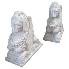 1950 Pair of Statuary White Marble Sphinxes