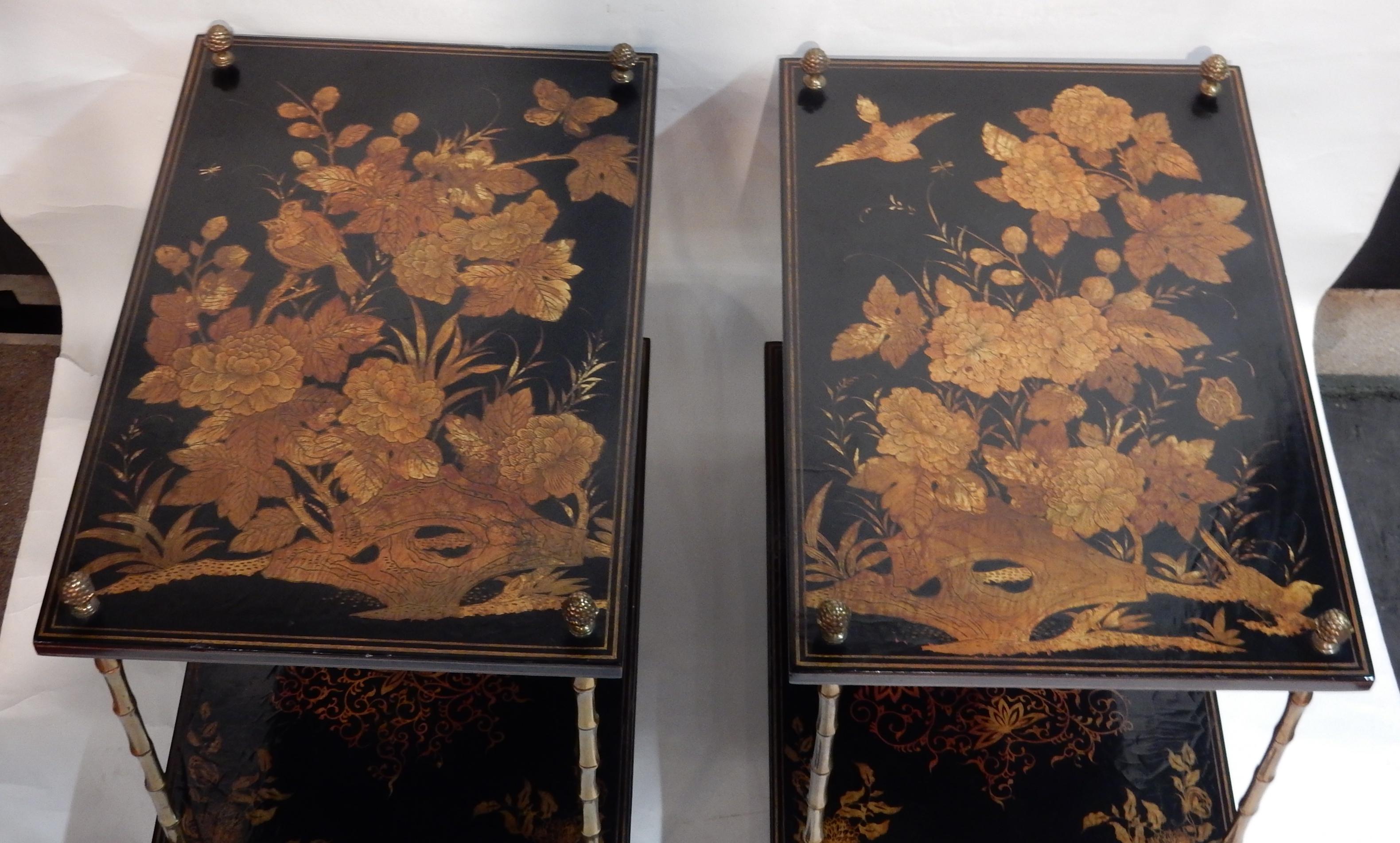 1950 Pair of Tables Style Maison Bagués Golden Bronze, Trays China Lacquer 3