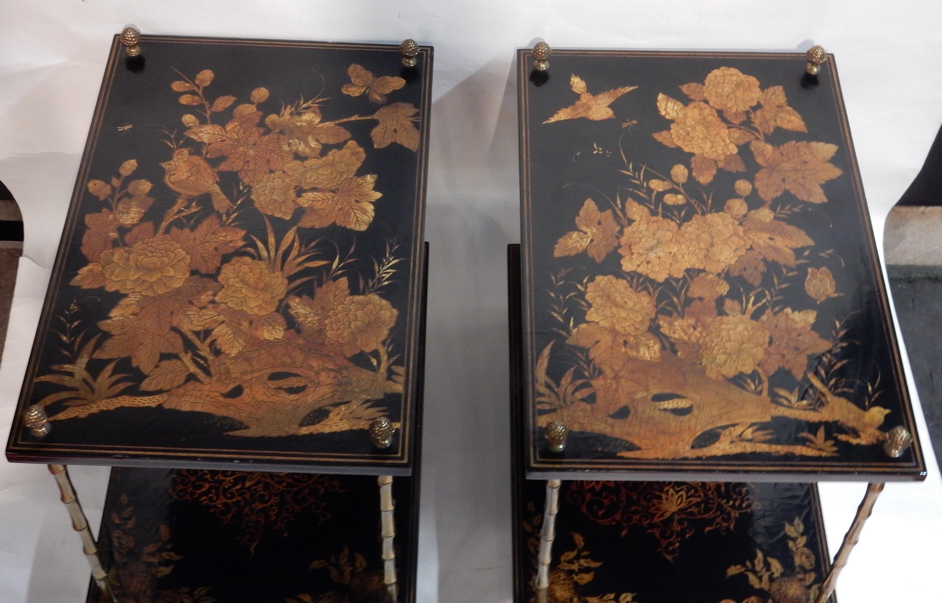 1950 Pair of Tables Style Maison Bagués Golden Bronze, Trays China Lacquer 4
