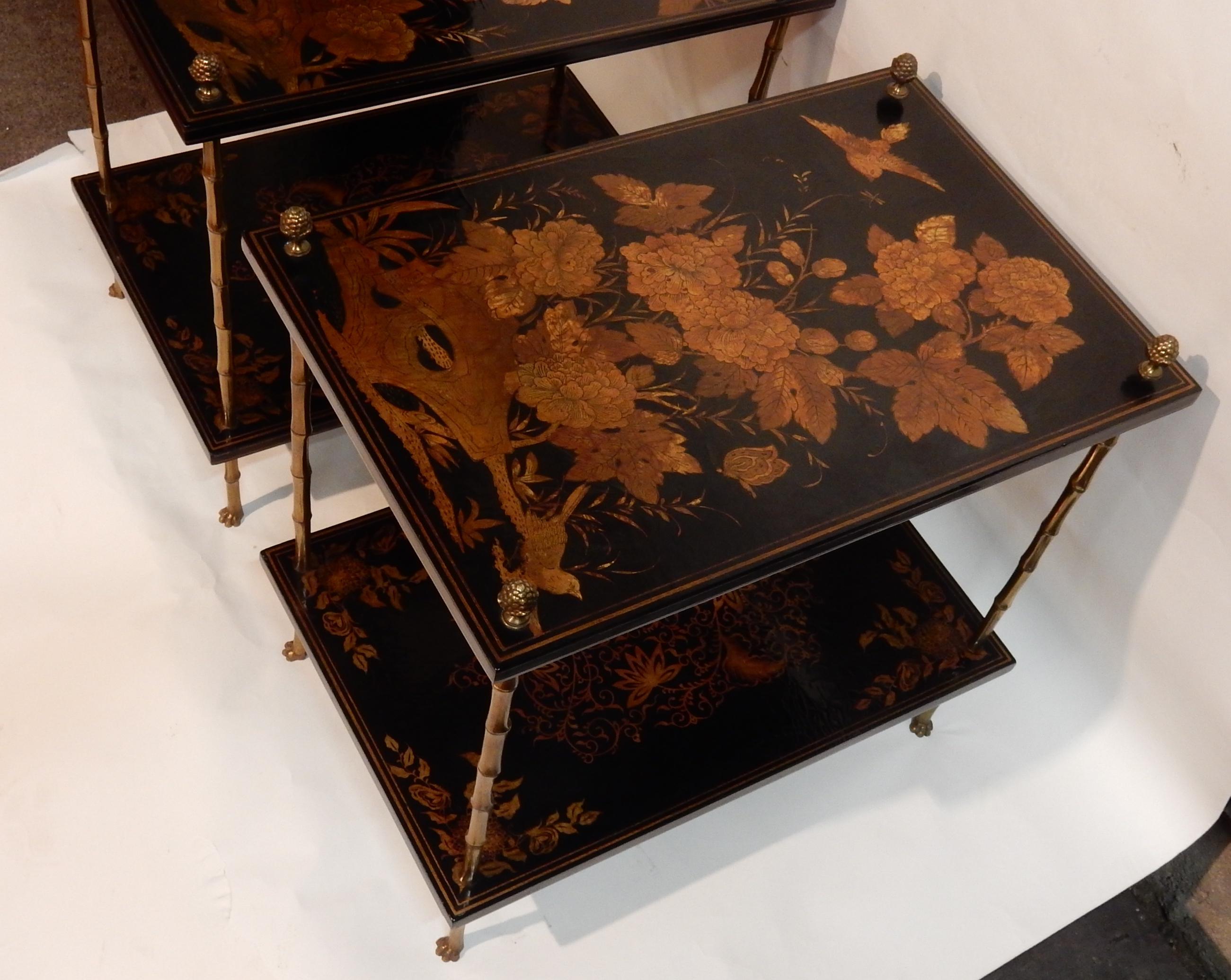 1950 Pair of Tables Style Maison Bagués Golden Bronze, Trays China Lacquer 5