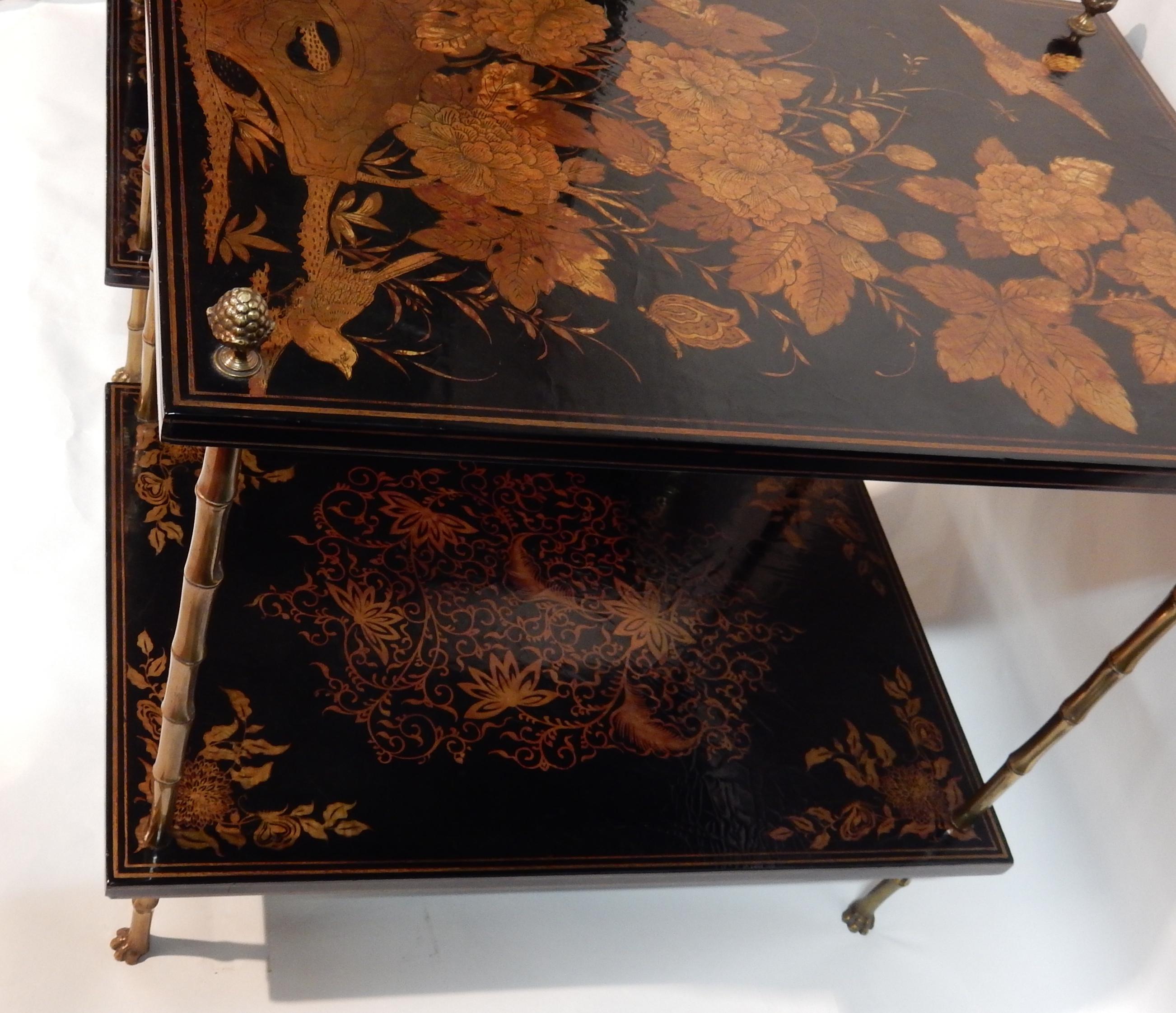 1950 Pair of Tables Style Maison Bagués Golden Bronze, Trays China Lacquer 6