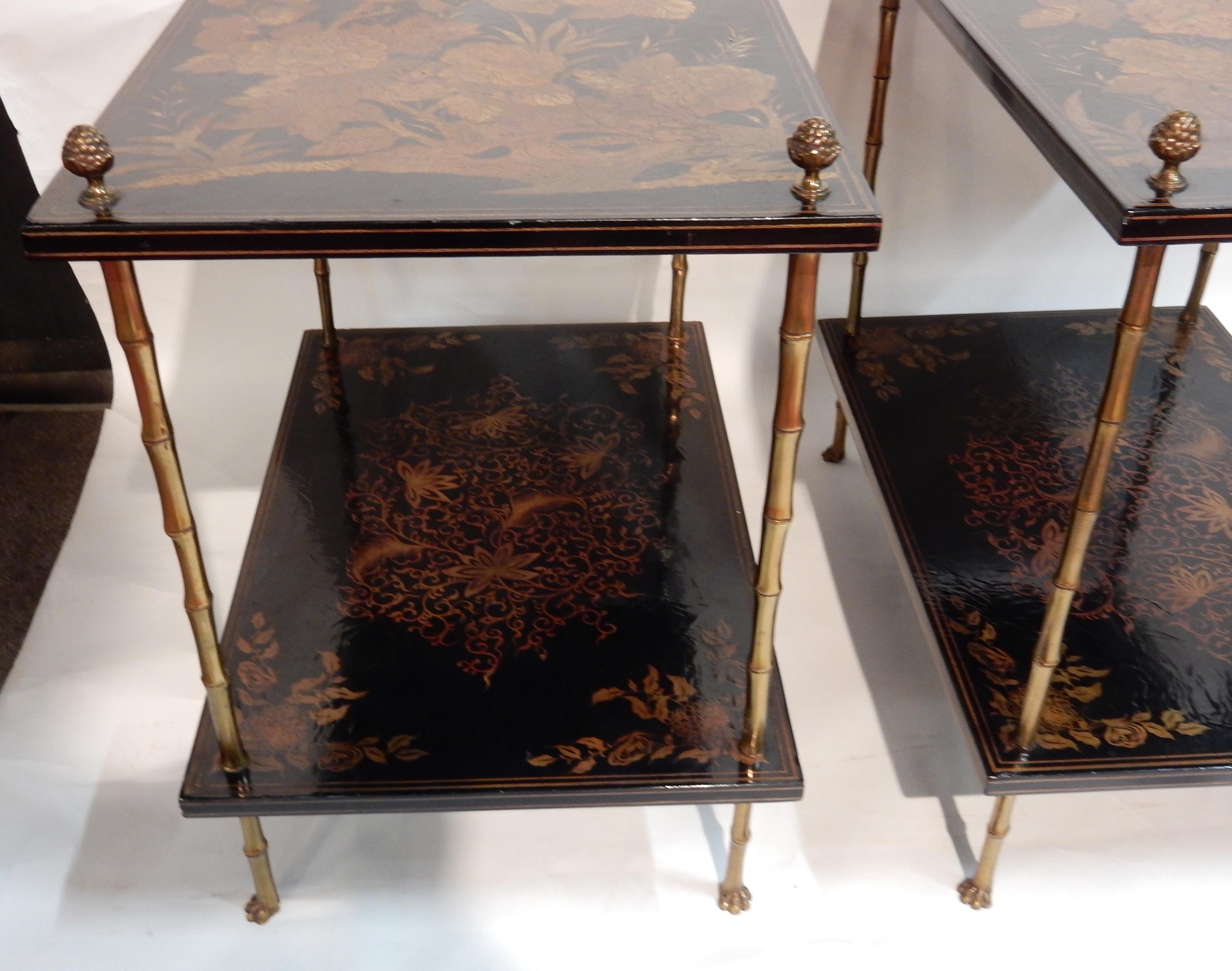 1950 Pair of Tables Style Maison Bagués Golden Bronze, Trays China Lacquer 7