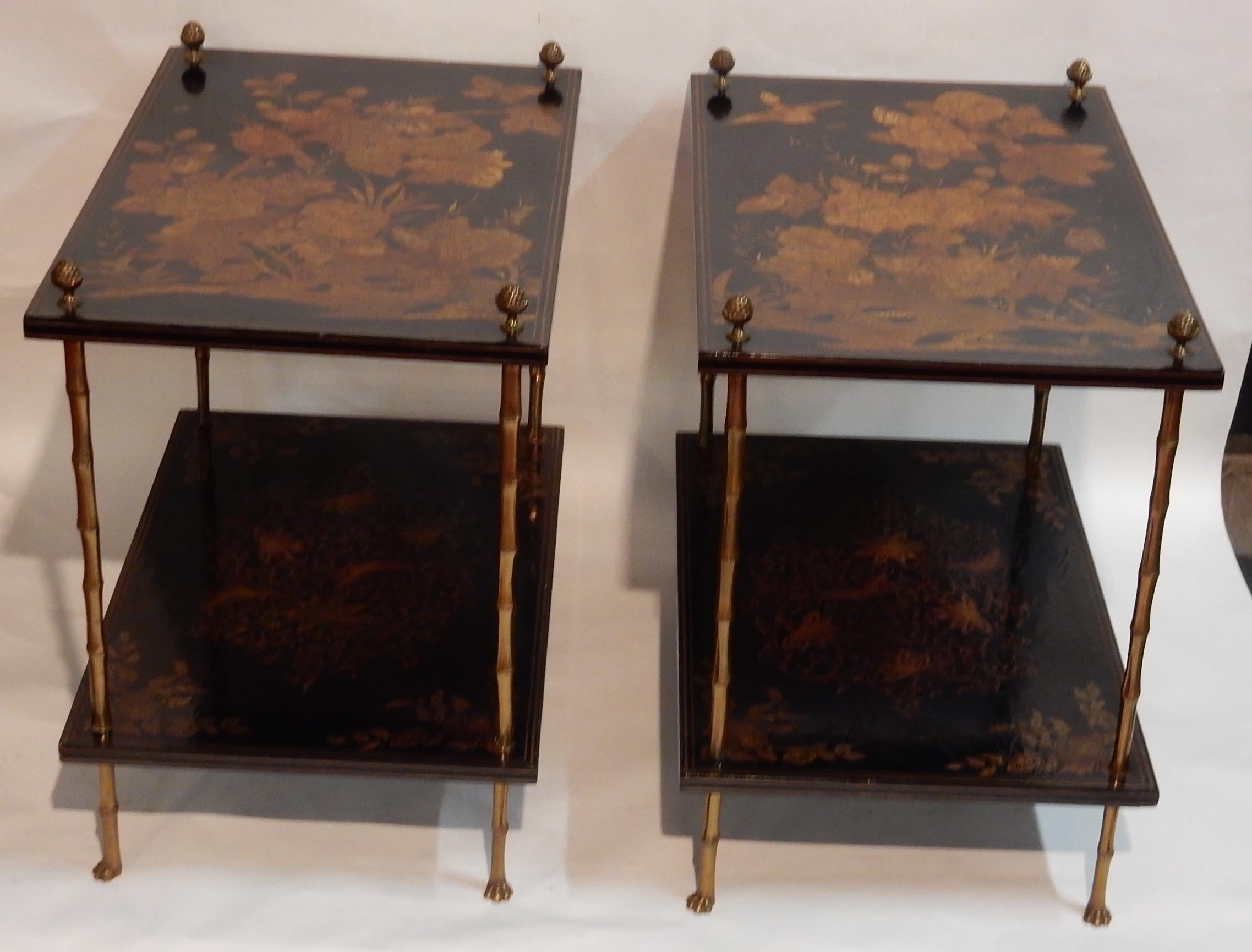 Pair of golden bronze tables deco bamboo with wooden trays lacquer of china has decoration of landscape, birds, claw feet,
Condition of use, circa 1950,
Everything is screwed, dismountable, easy to send worldwide.